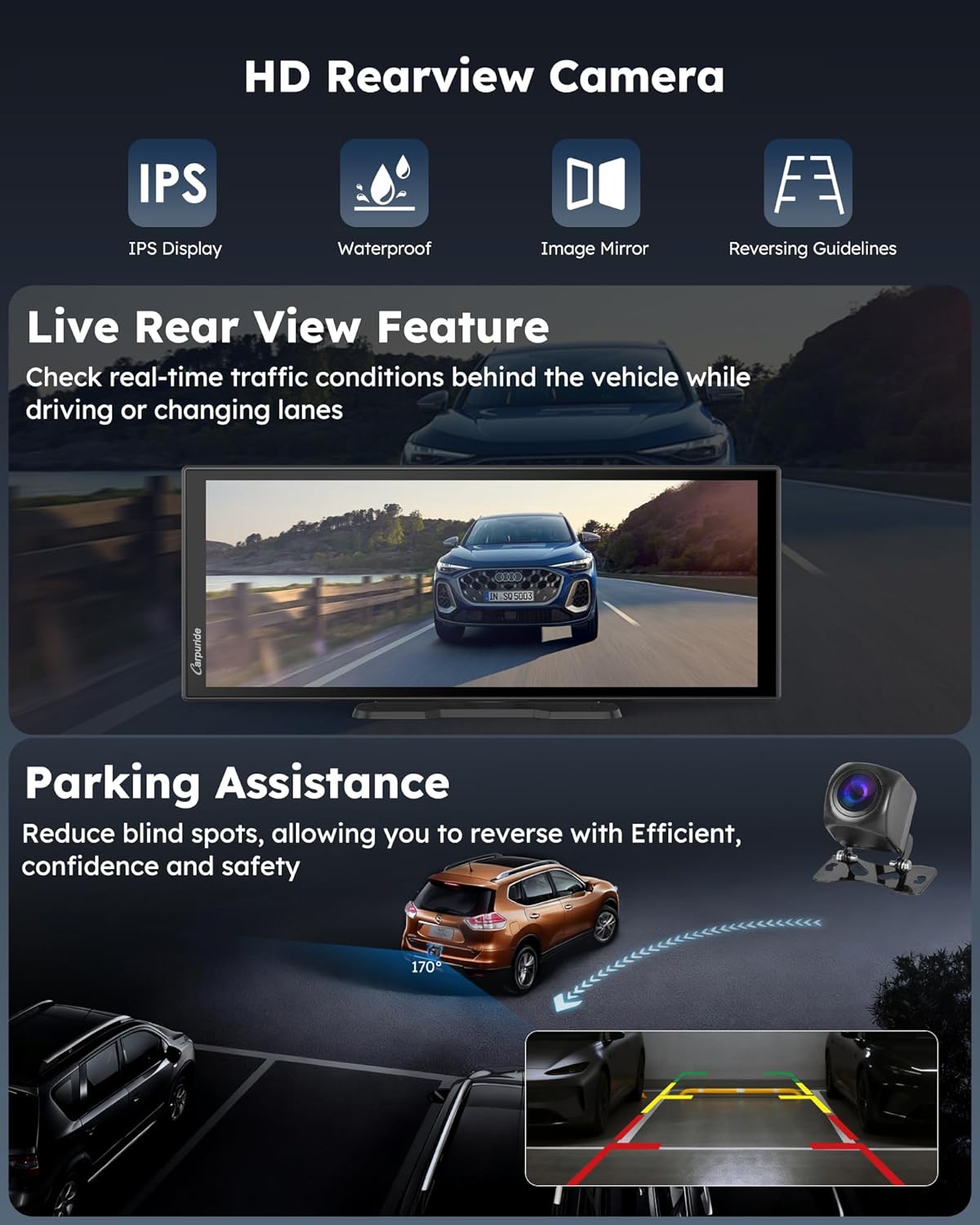 Carpuride W125P displaying live rear view while driving and parking assistance with guidelines when reversing.