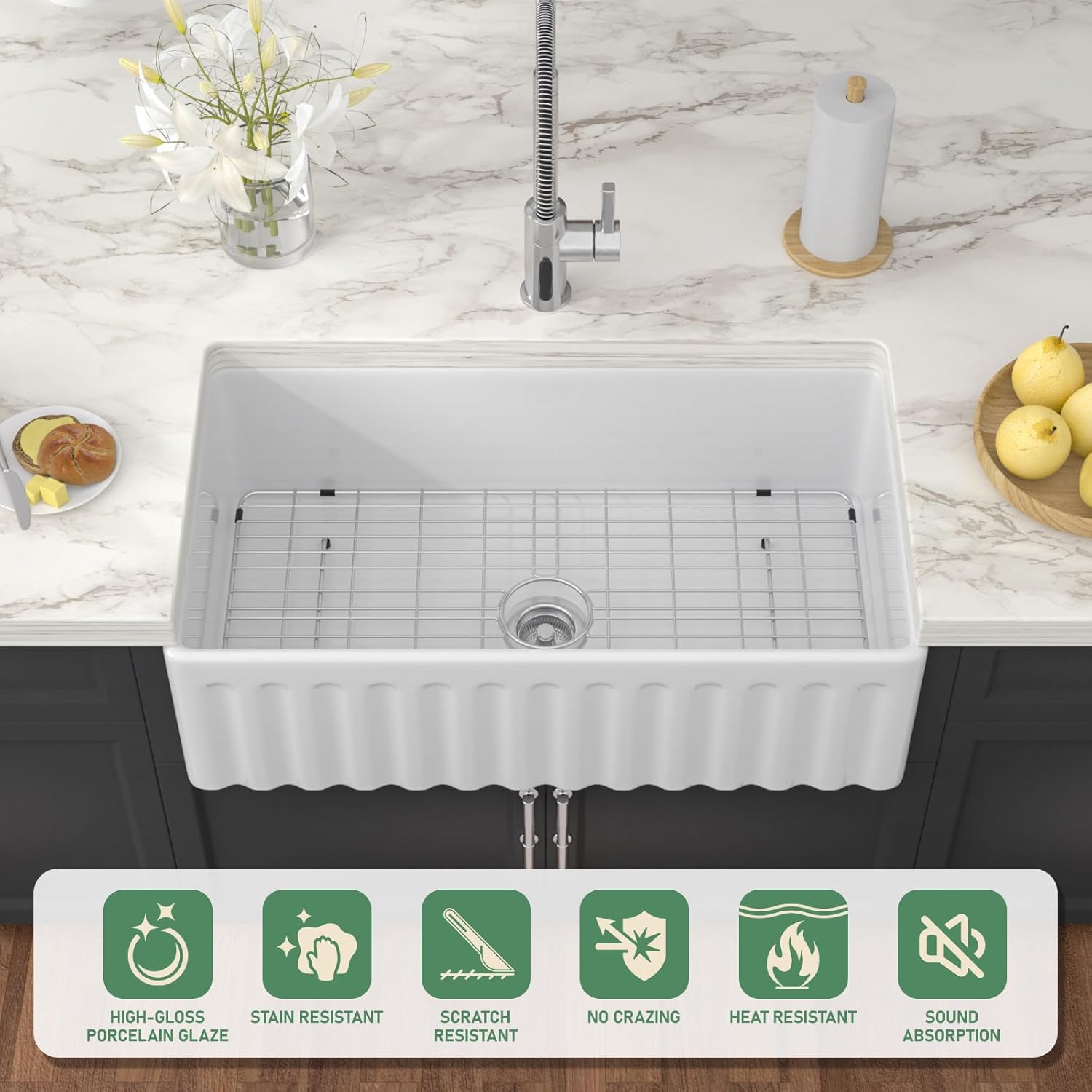 White Farmhouse Sink 33 Inch Fireclay Reversible Apron Front Farm Sink 33"x18"x10" Glossy White Porcelain Farms House Style Single Bowl Farmhoues kitchen Sinks with Luxury Accessories