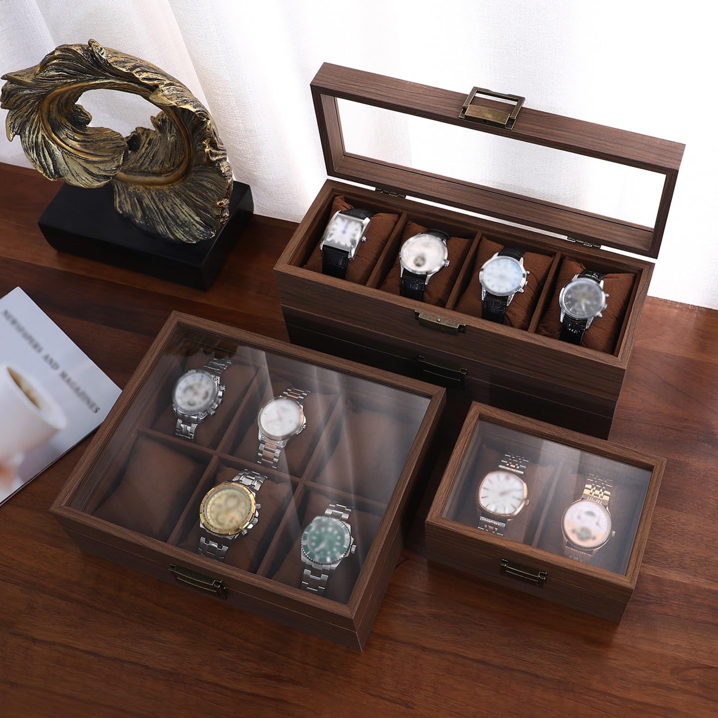 Scatola di orologi Organizer per gli uomini Noce Venatura del Legno Scatola di Cuoio Vetro Lucernario Gioielli Storage Meccanico Adatto Per La Collezione Casa Uomo/Donna Guarda Vetrina