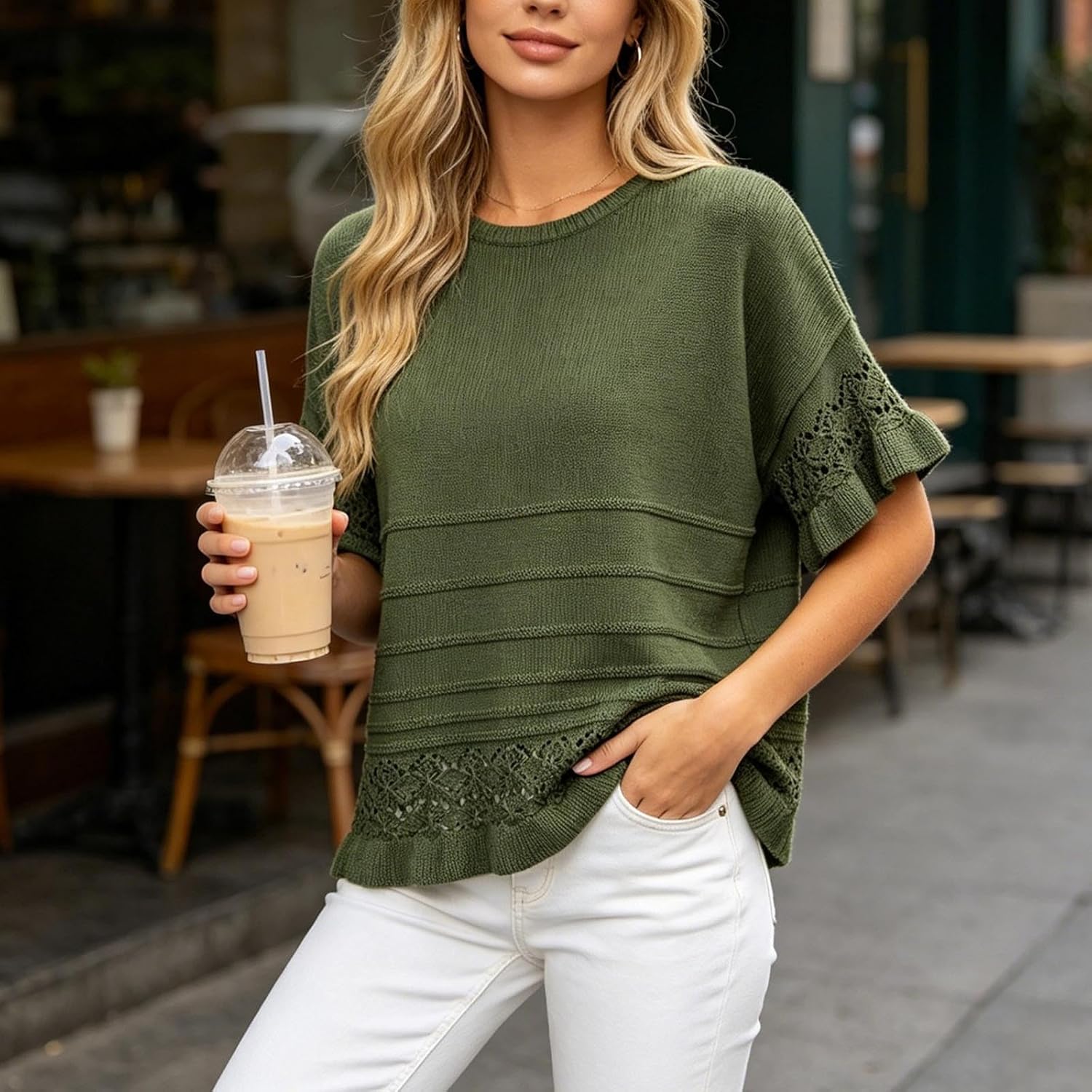 Womens Short Sleeve Sweaters Tops Crew Neck Ruffle Sleeve Spring Shirts Business Casual Work Summer Blouses Outfits