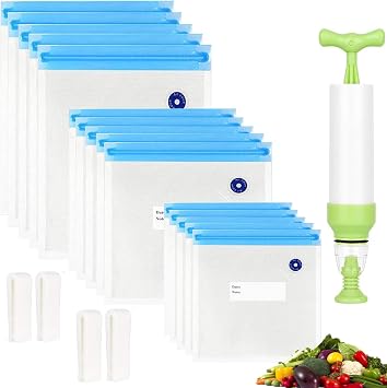 Reusable Sous Vide Bags 3 Sizes - 20 Pack with Hand Pump, Sealing Clips for Sous Vide Cooking and Food Storage Blue Kit