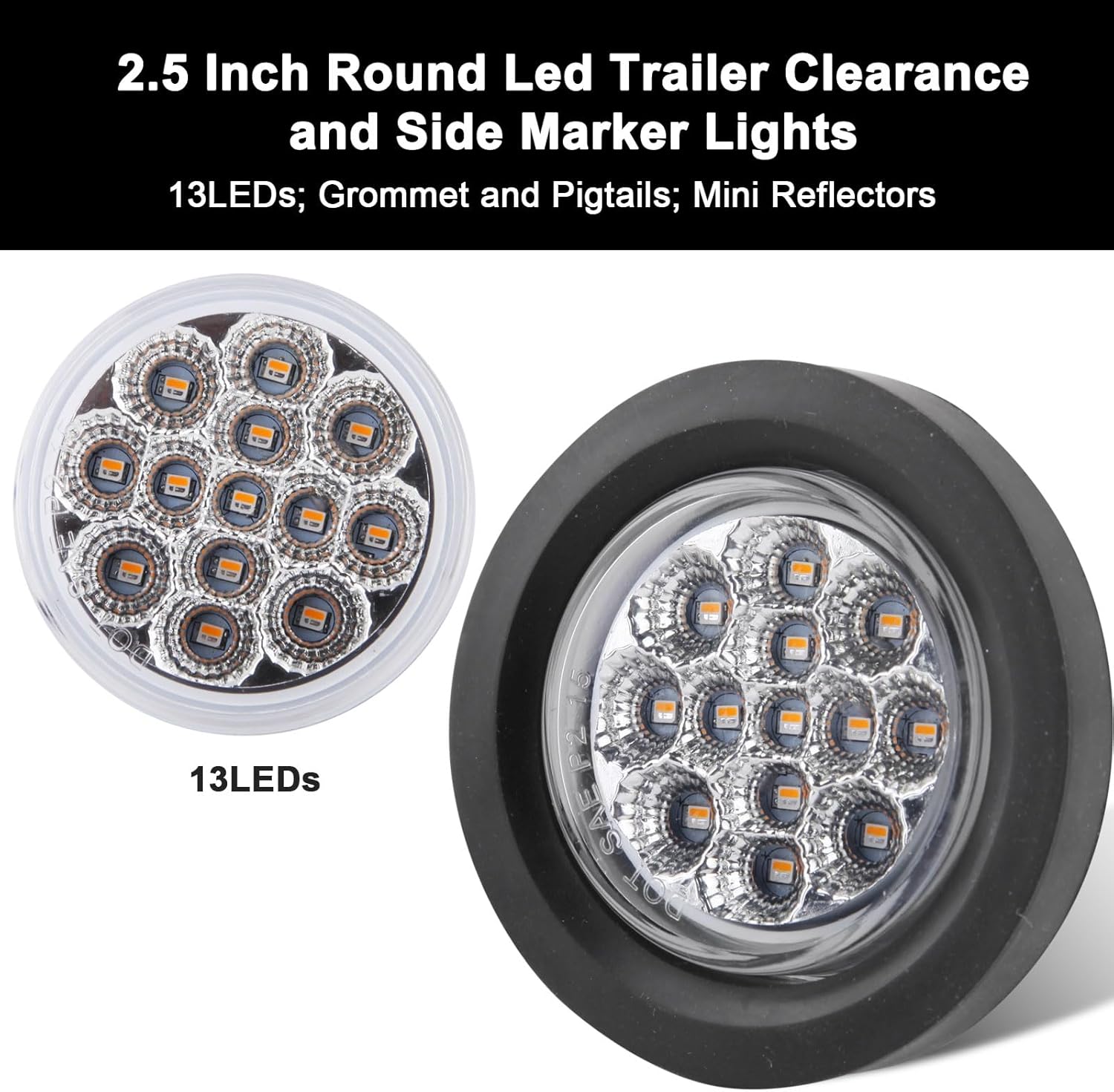 10Pcs Dual Revolution 2.5" Inch Round Led Marker Lights 13 LED Amber/Blue, Amber Side Marker Clearance Lights to Blue Auxiliary Lights Sealed for Trailer Truck, Clear Lens, IP67 Waterproof