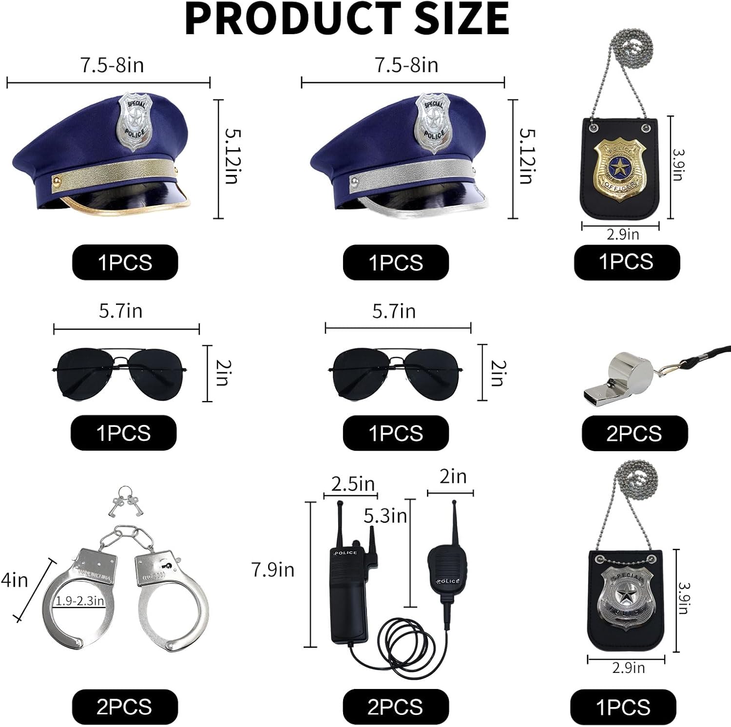 Police Costume Accessories with Police Hat Walkie Talkies Badge Sunglasses Officer Theater Dress Up for Theme Party Halloween