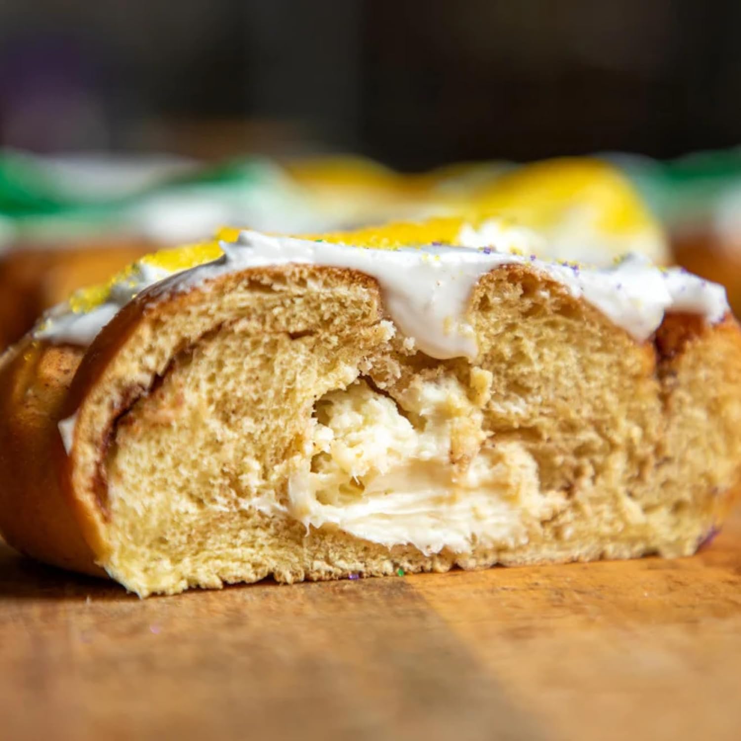 Caluda's Cream Cheese King Cake DIY Kit - Fresh Un-Iced Brioche Cake with Cream Cheese Filling, Icing Packets, Mardi Gras Colored Sugars, Baby, Decorating Instructions, Serves 10-12, Authentic New Orleans Louisiana Mardi Gras Dessert for Holidays Parties