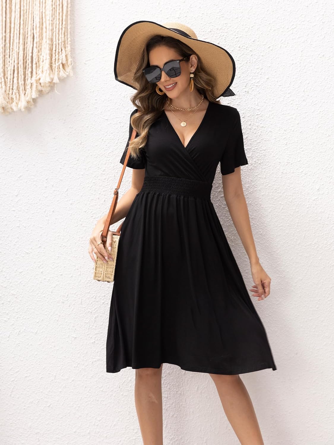 Womens Midi Floral Dress - Short Sleeve Wrap V-Neck Summer Dress with Smocked Waist - A-Line Spring Dress with Pockets - Image 6