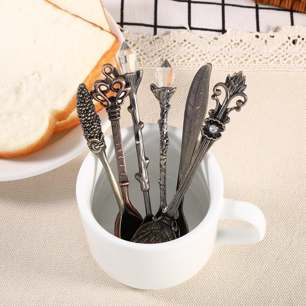 6Pcs/Set Flatware Vintage Spoon Dessert Coffee Mixing Spoon Teaspoon Ice Cream Spoon Fruit Fork Royal Metal Mini Carved Tableware Fruit Spoon for Kitchen Dining Sweet