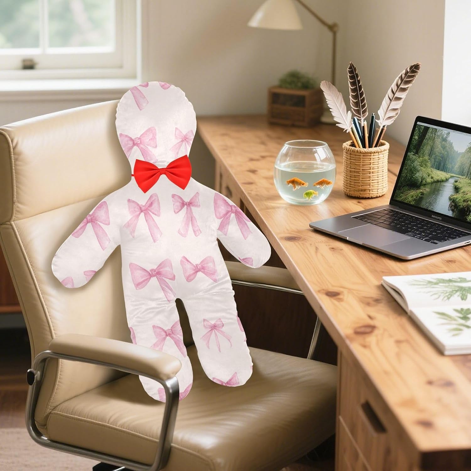 Ribbon Bow Human-Shaped Pillow Soft Body Pillows Washable Velvet Pillows for Anxiety Relief Sleeping Cuddling & Support