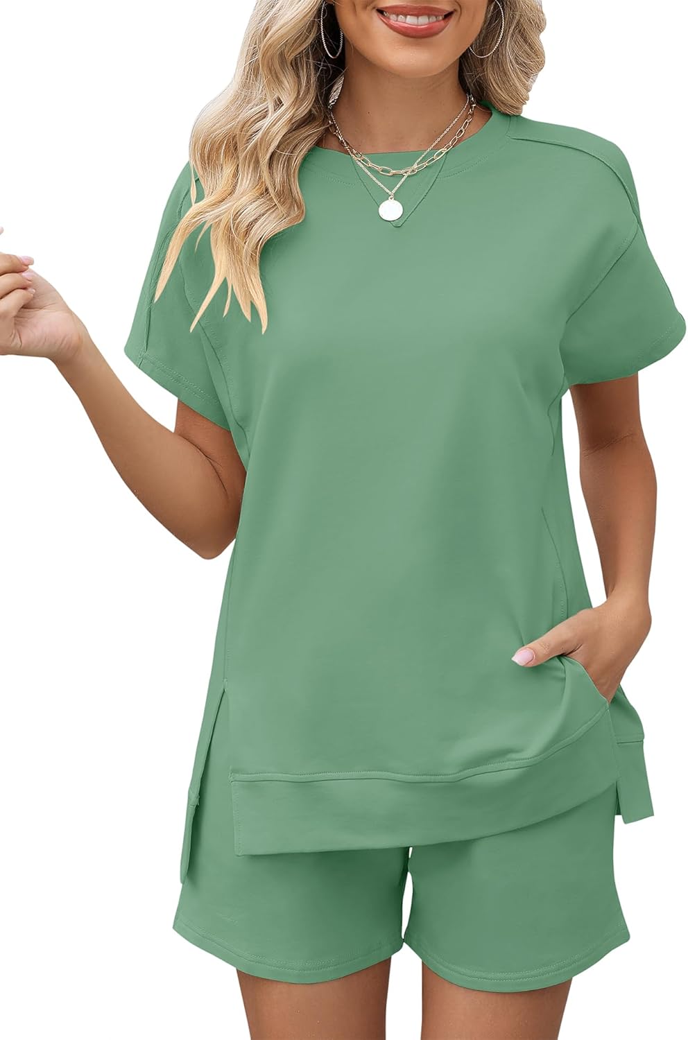 LOMON Womens Fashion 2 Piece Outfits Sweatsuits 2026 Summer Short Sleeve Loungewear Tracksuit Round Neck Lounge Shorts Sets