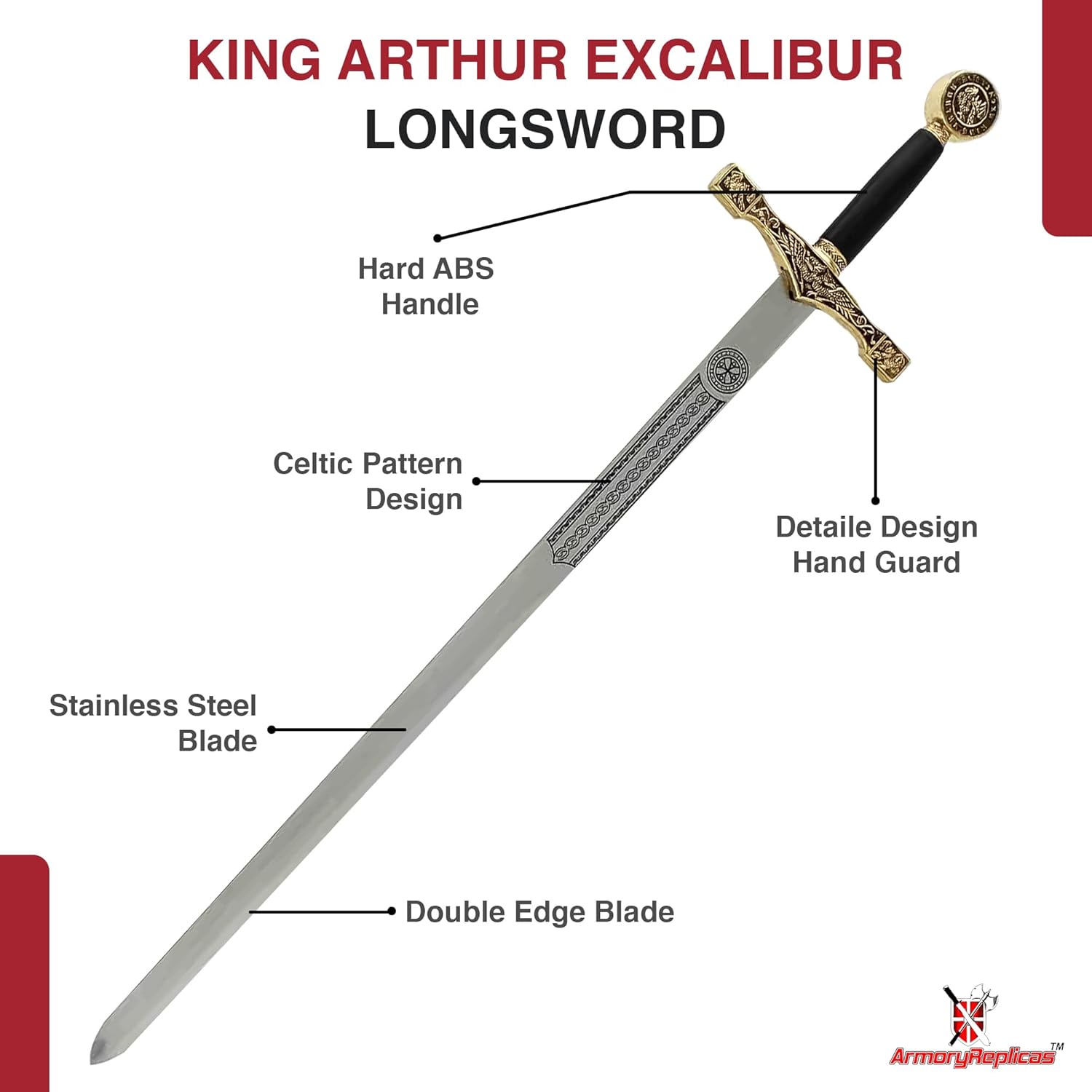 Armory Replicas™ - King Arthur Excalibur Replica Steel Blade Medieval Longsword - Gold Accents, Collectible Sword for Enthusiasts and Historical Replica Aficionados