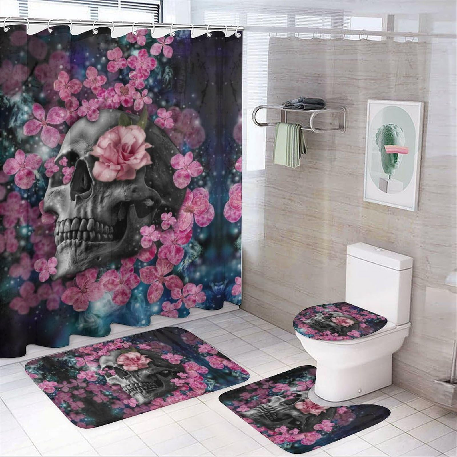 JZemdybill Bathroom Mat Set 4 Piece, Skull Flower Shower Curtain with Non-Slip Bath Mats for Bathroom