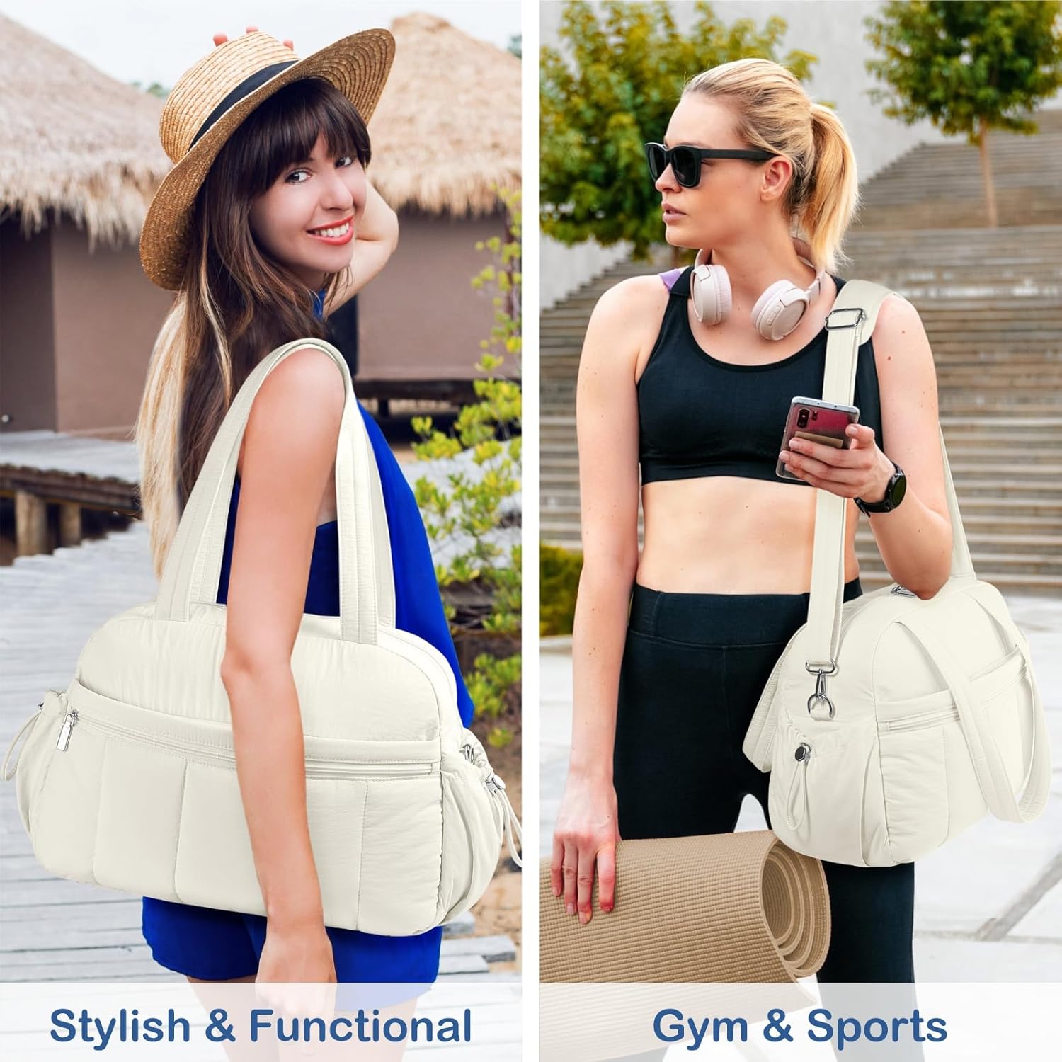 TOPDesign Travel Duffel Bag for Women, Puffer Gym Bag Sports Tote with Wet Pocket, Carry On Weekender with Luggage Sleeve (Ivory White) - Image 3