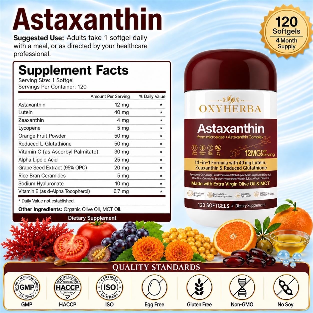14-in-1 Astaxanthin 12mg with MCT Oil & Lutein 40mg,Zeaxanthin Supplements, Microalgae Source with Vitamin E, Glutathione & Hyaluronic Acid,120 Softgels,4 Months,Eye Health & Skin Antioxidant Support — Amazon image 9