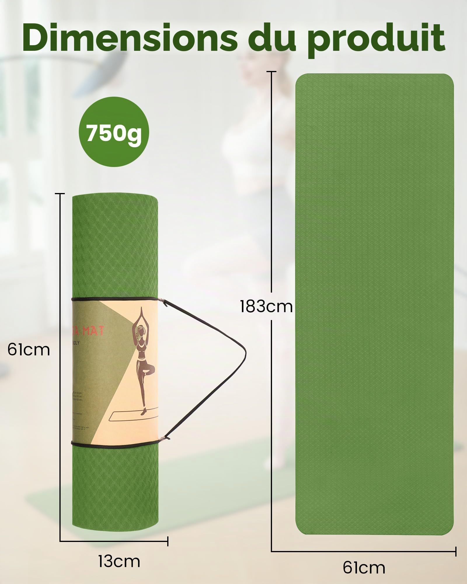 Oak & Tea Tapis de yoga tapis de yoga épais antidérapant pour homme/femme tapis d'exercice pour la gym à la maison avec sangle de transport méditation pilates 183 x 61 x 0.6 cm