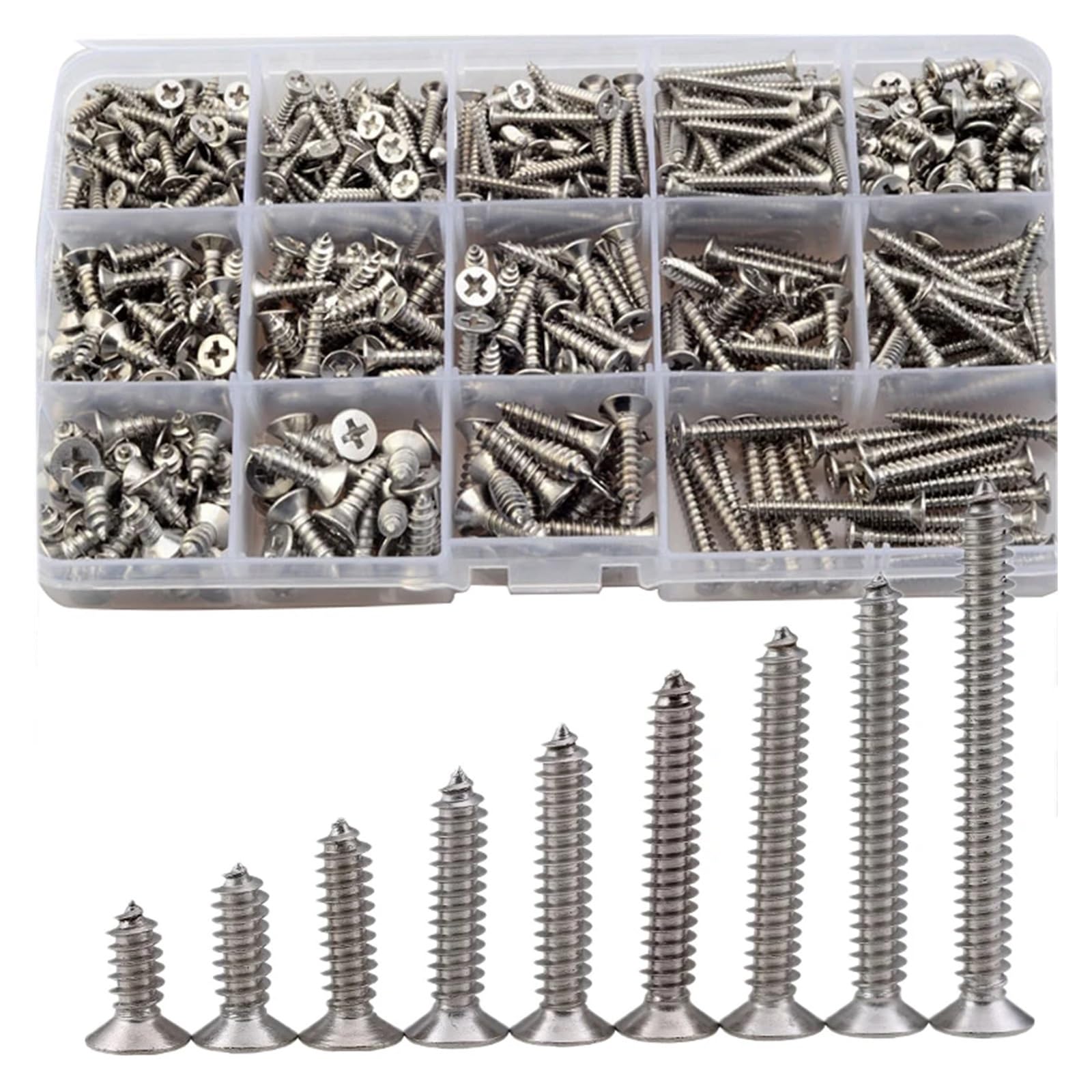 540-teiliges M3 M4 M5 Blechschrauben-Set mit Flachkopf KA GB846 Kreuzschlitz-Senkkopf-Holzschrauben-Sortiment aus Edelstahl
