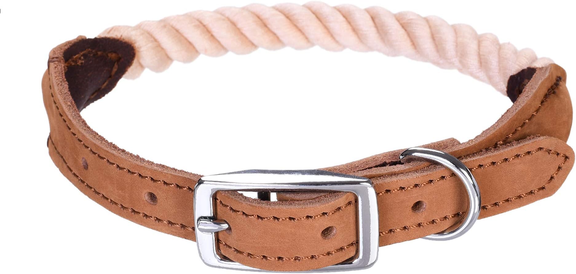 Mile High LifePremium Cotton Rope Dog Collar, Stainless Steel Pin Buckle Ring and Genuine Leather Belt Collar for Medium Large Dogs(Light Brown, Medium Neck Small Neck 11"-14" -20 lb)