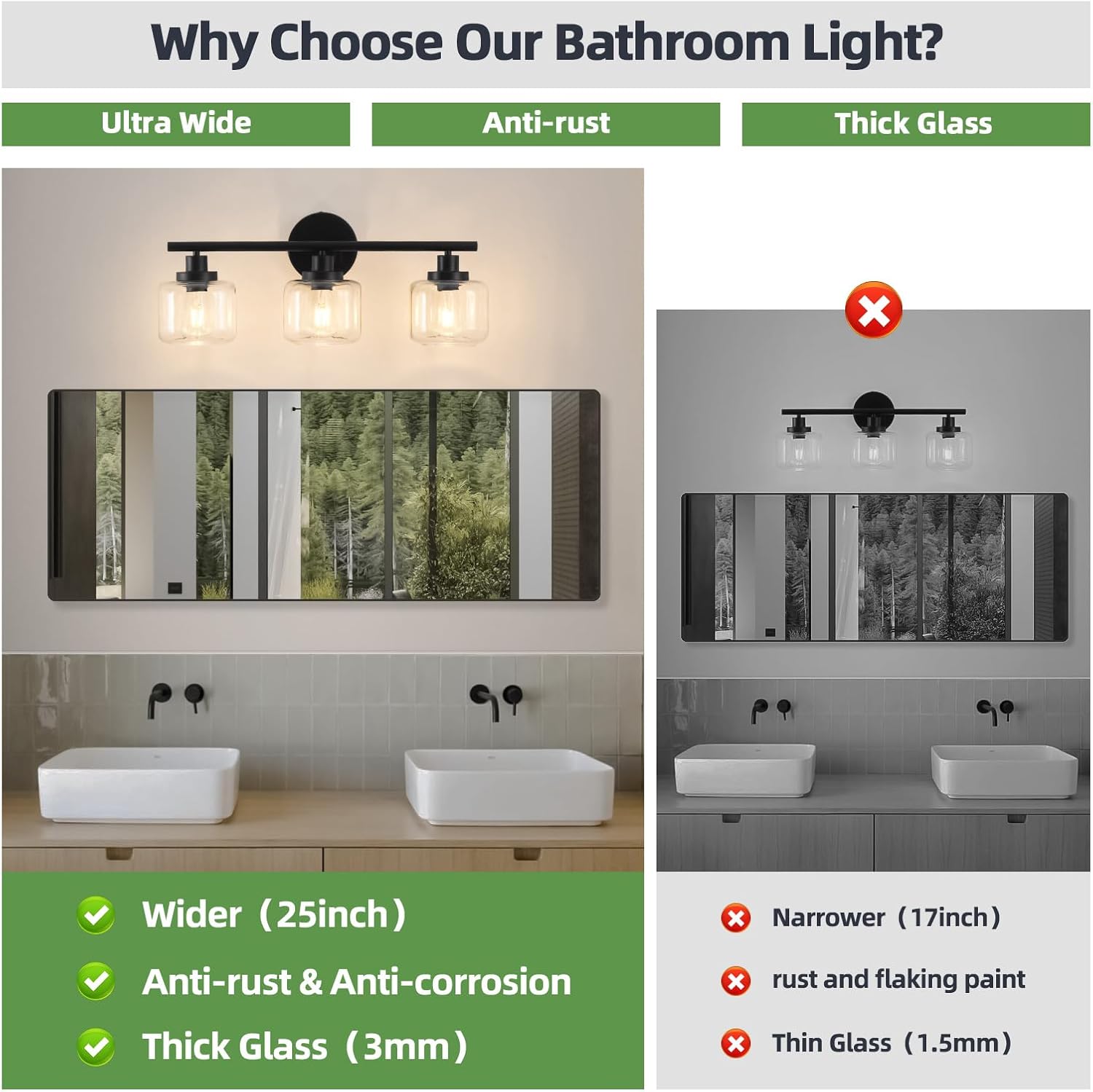 2025 Upgraded Black Bathroom Vanity Light 3-Lights Bathroom Light Fixtures Over Mirror with Glass Shade 25 inch Wall Sconce Lighting Bath(Exclude E26 Bulb)