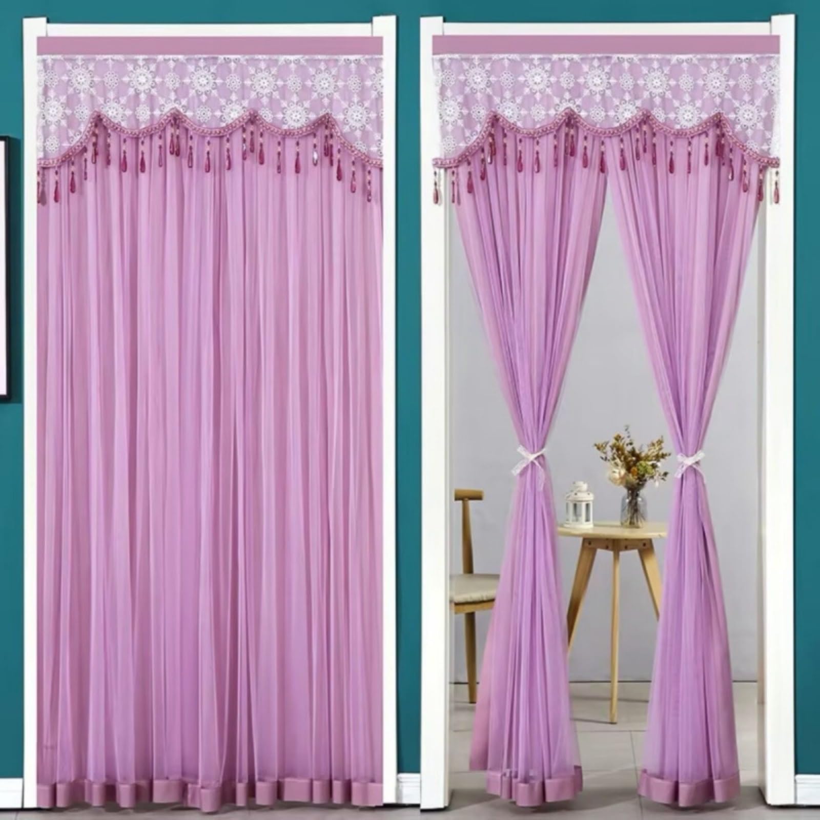 Rideaux de porte transparents en dentelle violette pour sublimer le salon et le placard