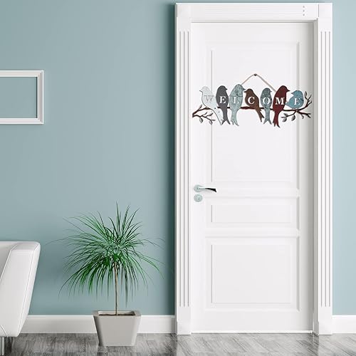 Miniatura 7 de Arte de pared de pájaro de metal con diseño de pájaros en rama, letrero de bienvenida para colgar al aire libre, decoración de pared de metal para