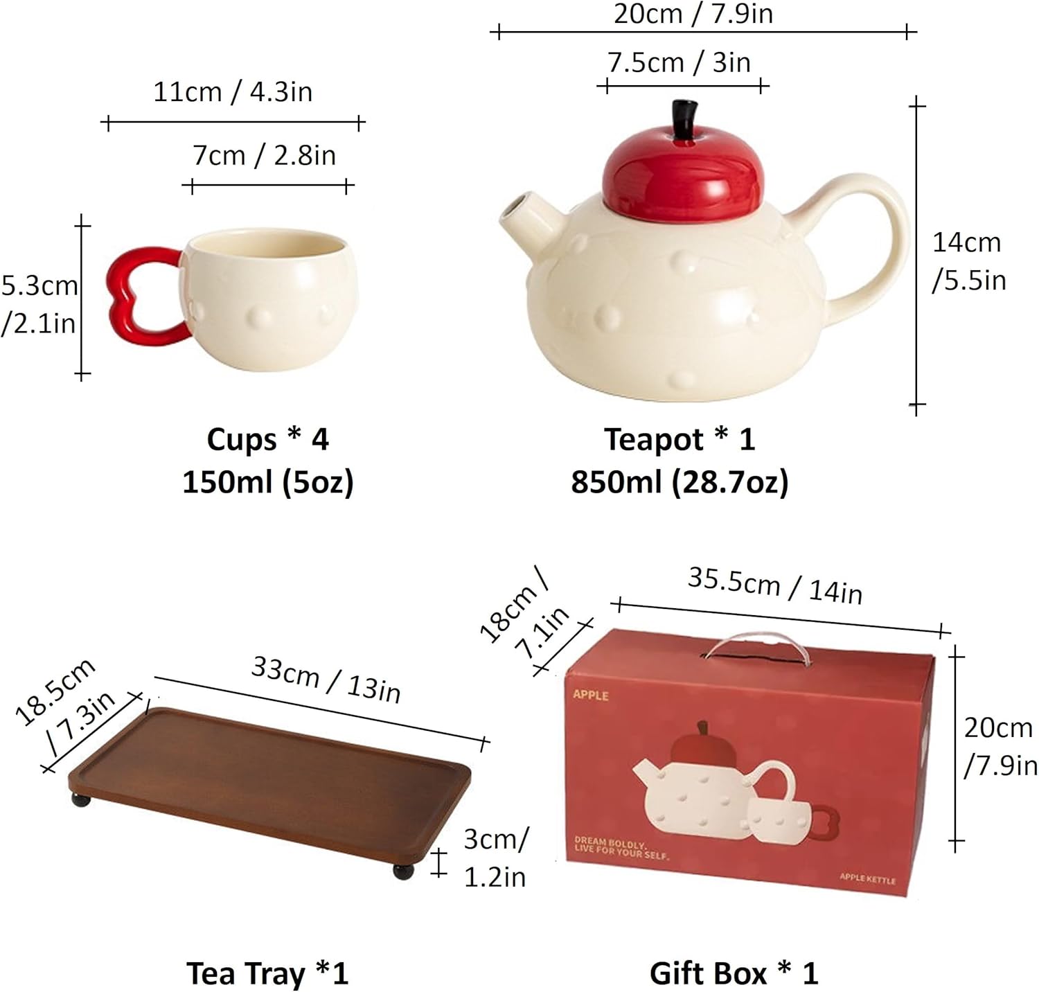 Apple-themed Modern Tea Set, 1 Teapot (28.7oz), 4 Teacups and 1 Tea Tray, Porcelain Tea Set for Adults, Cute Tea Set for Women Tea Party, Gift Package