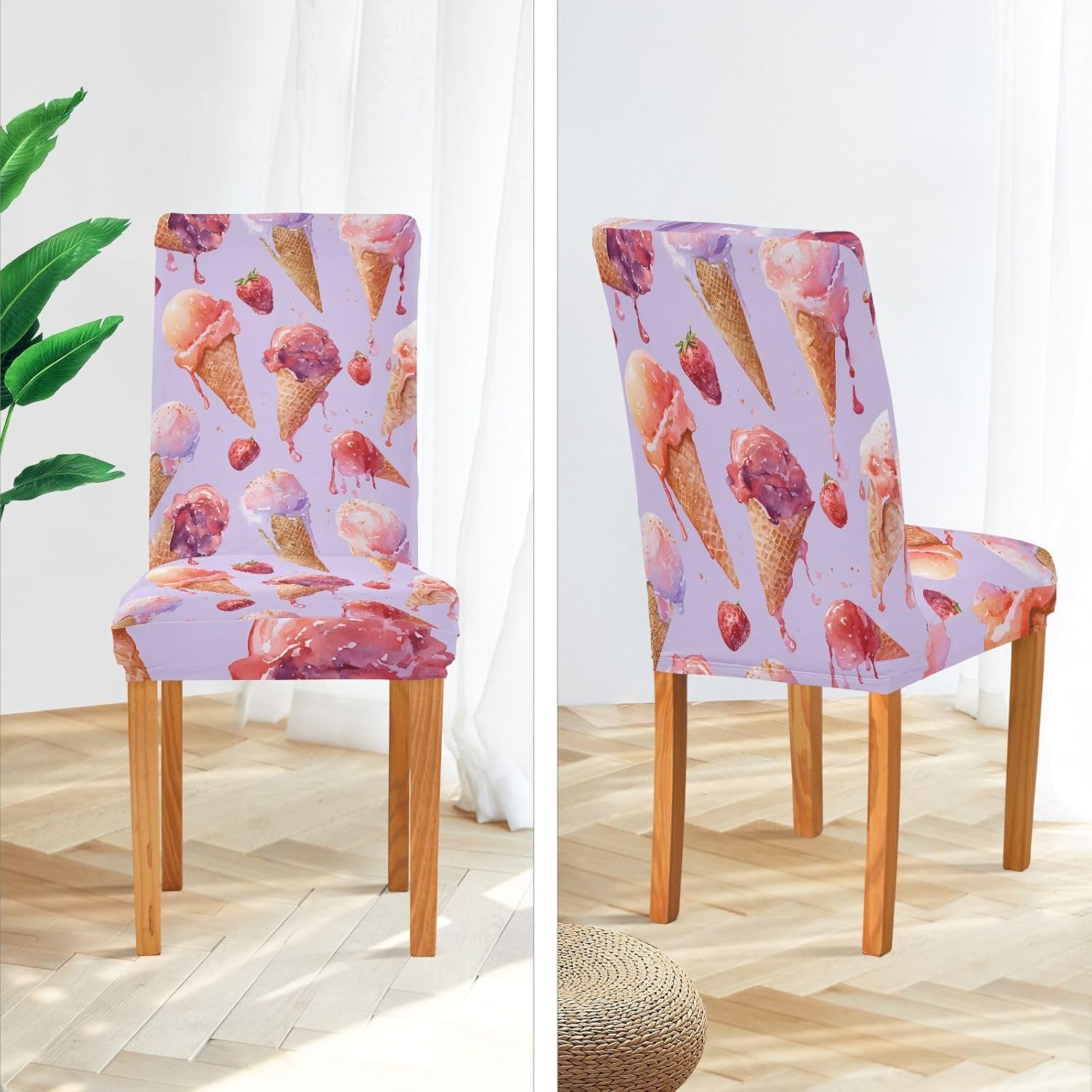 ALAZA Chair Covers for Dining Room, Ice Cream Strawberry Pattern Stretch Chair Cover Sets Chair Protector Removable Washable for Ktichen Restaurant Hotel