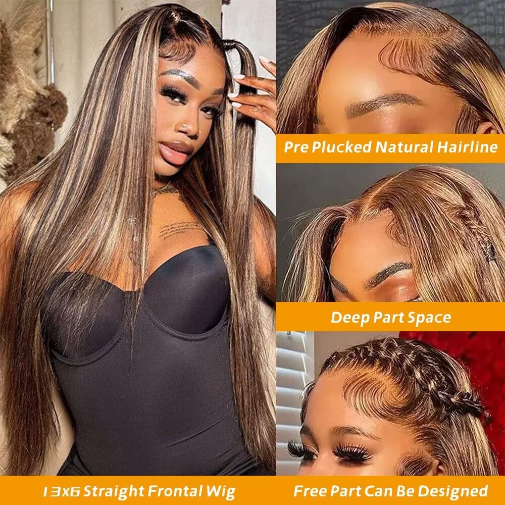 TTSMINS 13x6 Ombre Lace Front Wigs Human Hair for Women 180 Density 4/27 Highlight Colored HD Transparent 24 Inch Straight Lace Front Wig Human Hair Pre Plucked Glueless Lace Frontal Wigs