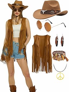 6 PC Cowgirl Western Outfits for Women Retro Cowgirl Costumes Fringe Vest Cow Girl Hat for Women Country 70s Hippie Outits - Buy now