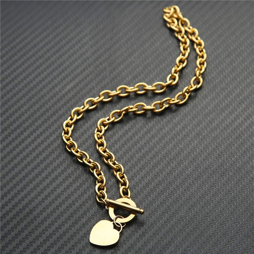 WangGao Heart Pendant Jewelry Sets Stainless Steel Love Cable Link Chain Necklace & Bracelet for Women with Toggle Clasp