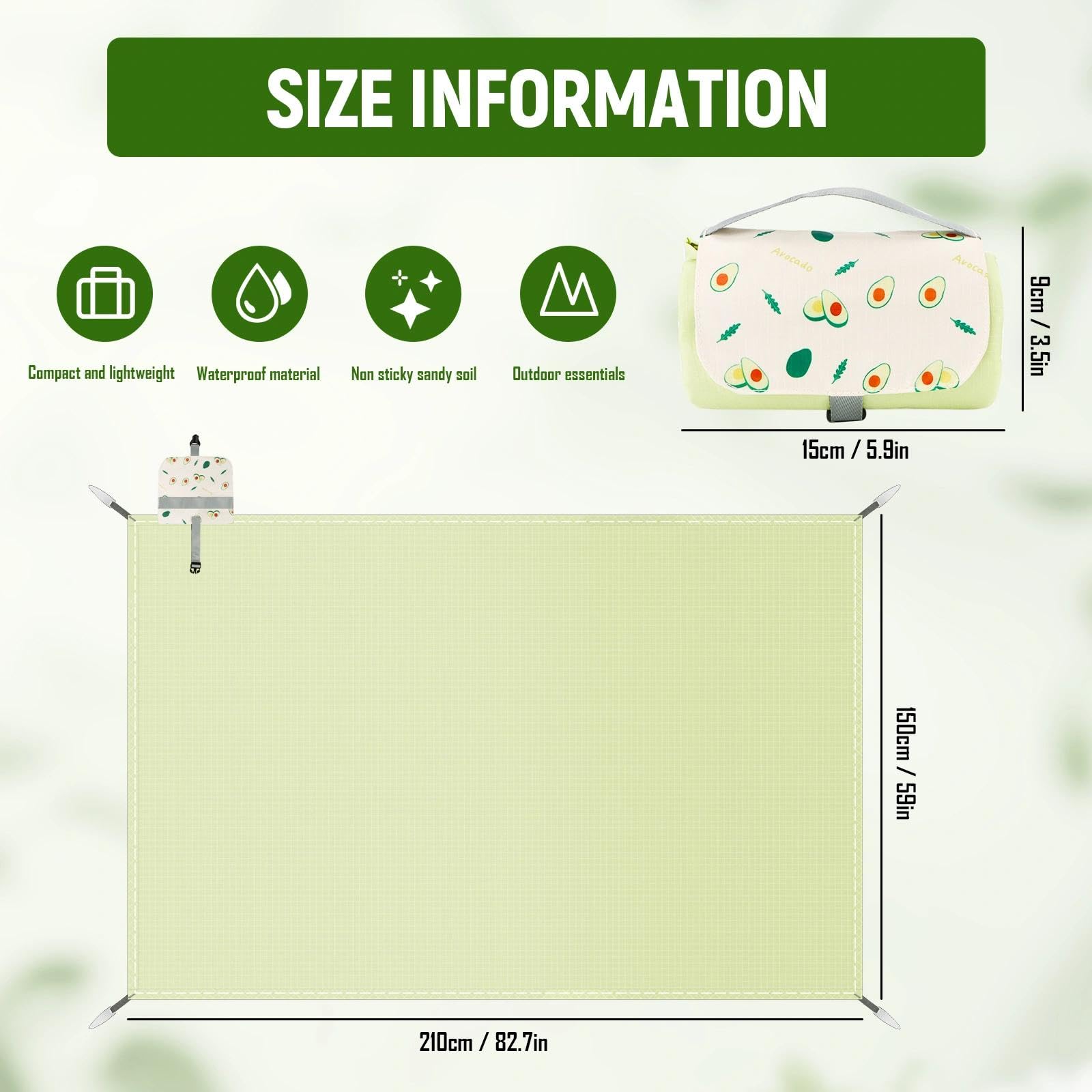 AKONE Koc piknikowy 150 x 200 cm, wodoszczelny koc piknikowy z motywem awokado