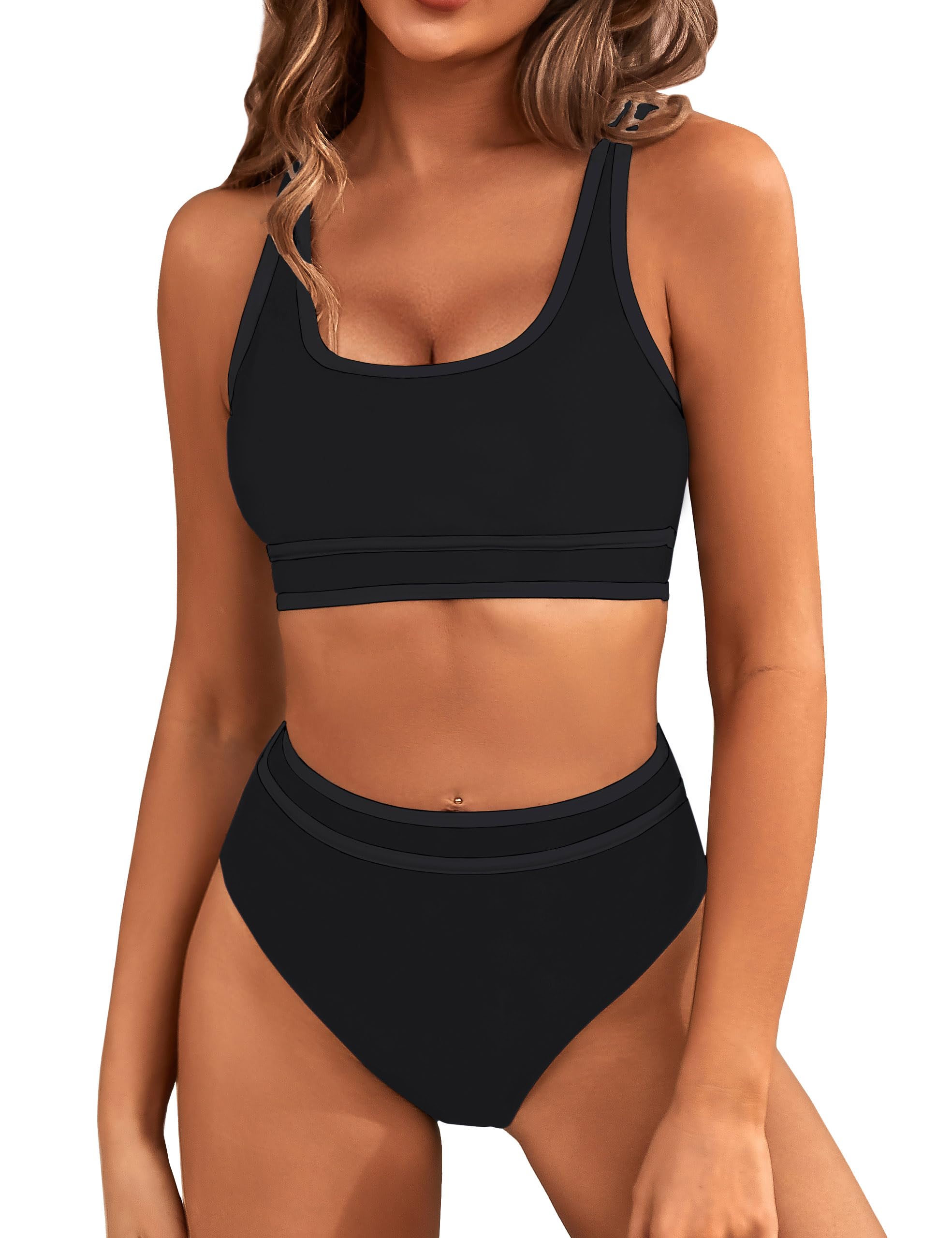 BMJL Women's High Waisted Bikini Sets Sporty Two Piece Swimsuits Color Block Cheeky High Cut Bathing Suits
