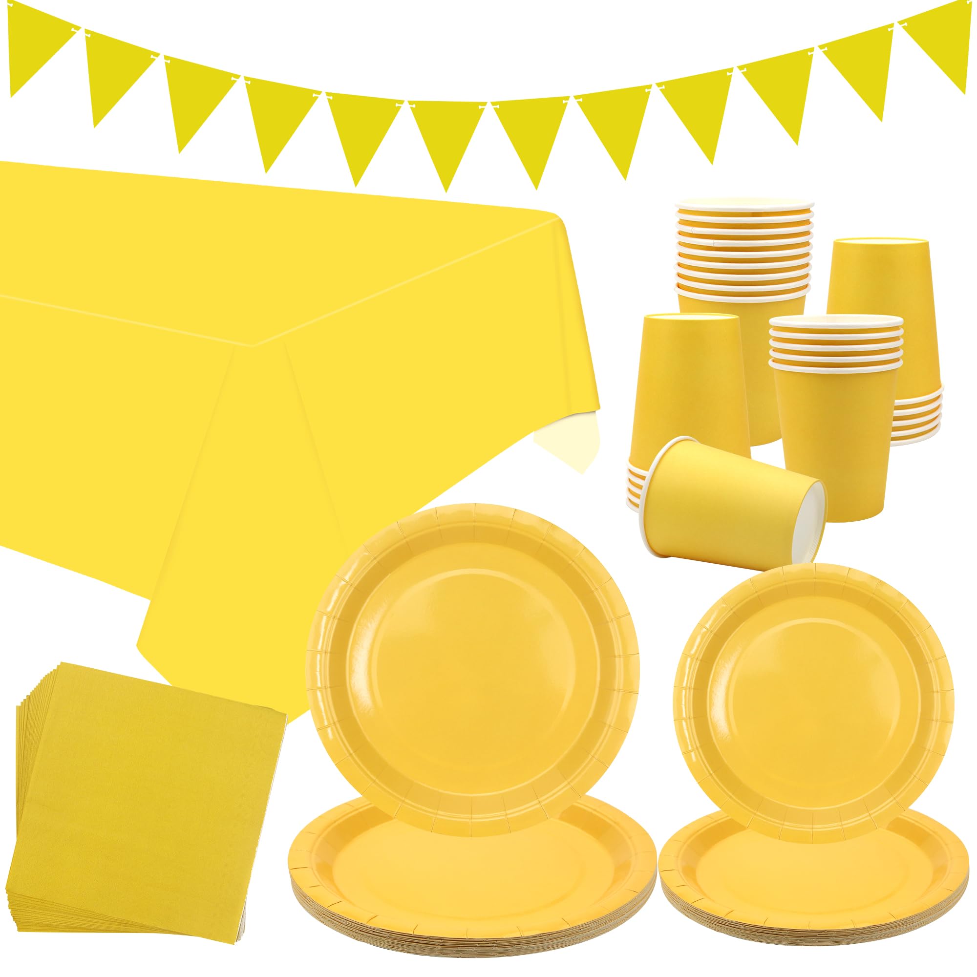Yellow Party Tableware Supplies - Serves 20, Pastel Decoration Dinnerware Plates, Cups, Napkins, Banner, Tablecloth for Wedding Birthday Baby Shower (20 Guests)