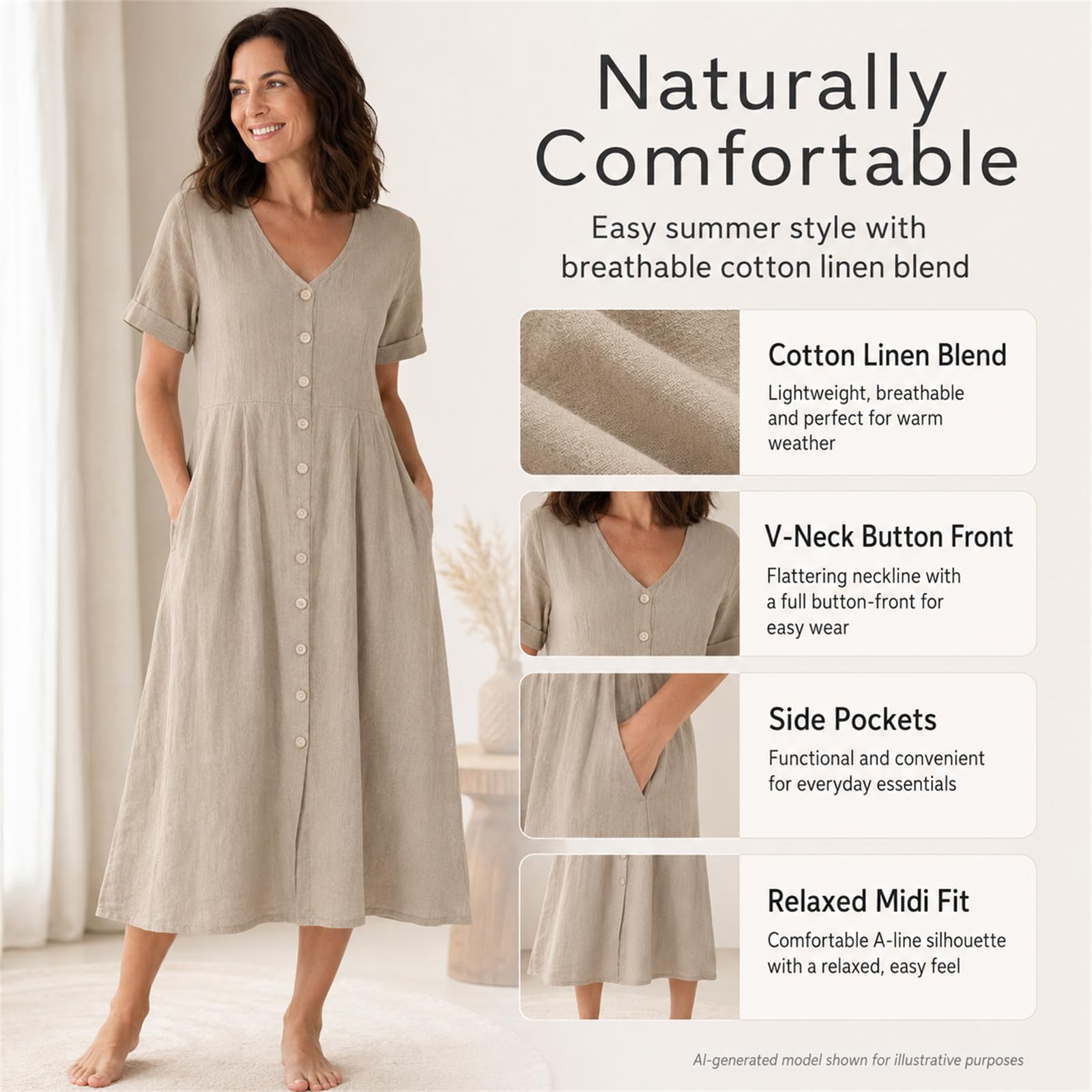 Abito in cotone lino da donna, estivo, con bottoni, scollo a V, maniche