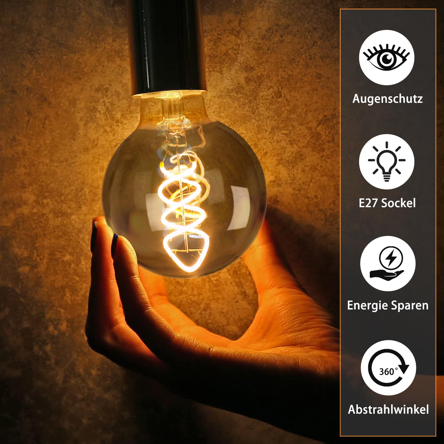 Edison LED Vintage Glühbirne, Dimmbar Glühbirne E27 4W LED Warmweiss, Vintage Edison Dimmbar lampe E27 Ideal für Nostalgie und Retro Beleuchtung - Rauchgrau Glas - 6 Stück（G80 YHS）