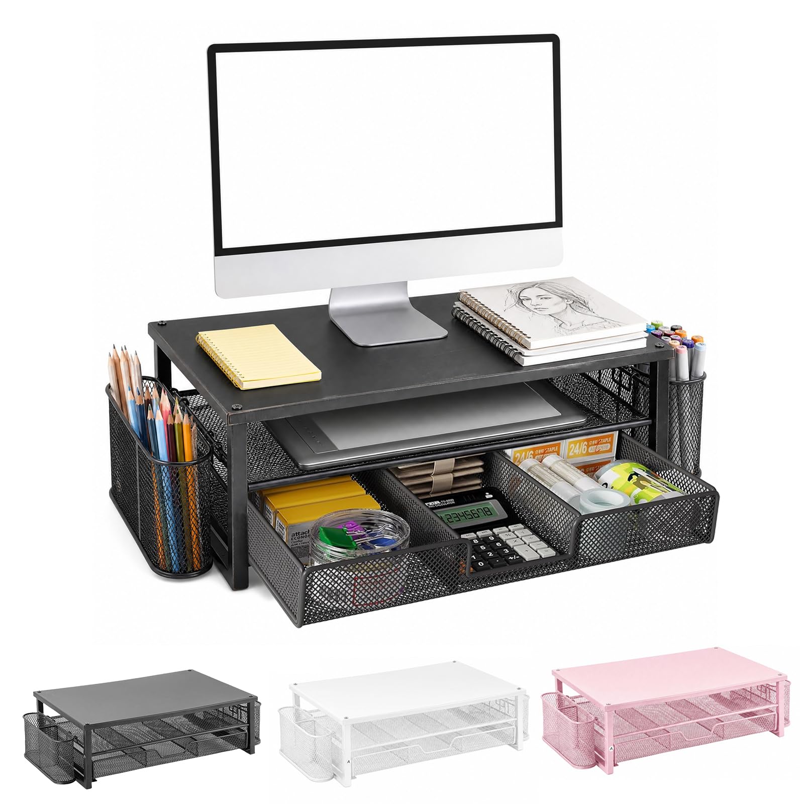 Supporto per monitor con cassetto e 2 portapenne, rialzo ergonomico da scrivania per laptop e schermo, organizer multifunzionale a 2 livelli per ufficio e home office (nero)