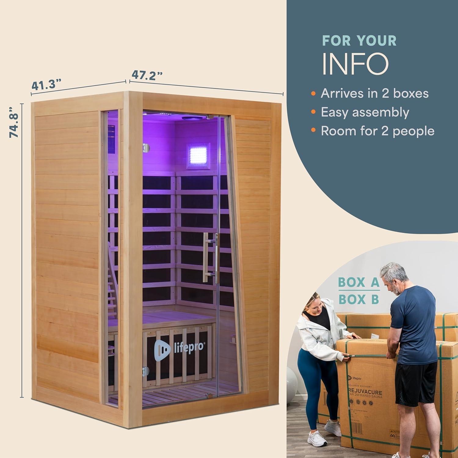 Lifepro Rejuvacure Duet Wooden Far Infrared Sauna for Home - 2 Person Indoor Personal Sauna with Red Light Therapy & 9 Chromotherapy Modes - Bluetooth Speakers, Canadian Hemlock Wood and Magazine Rack