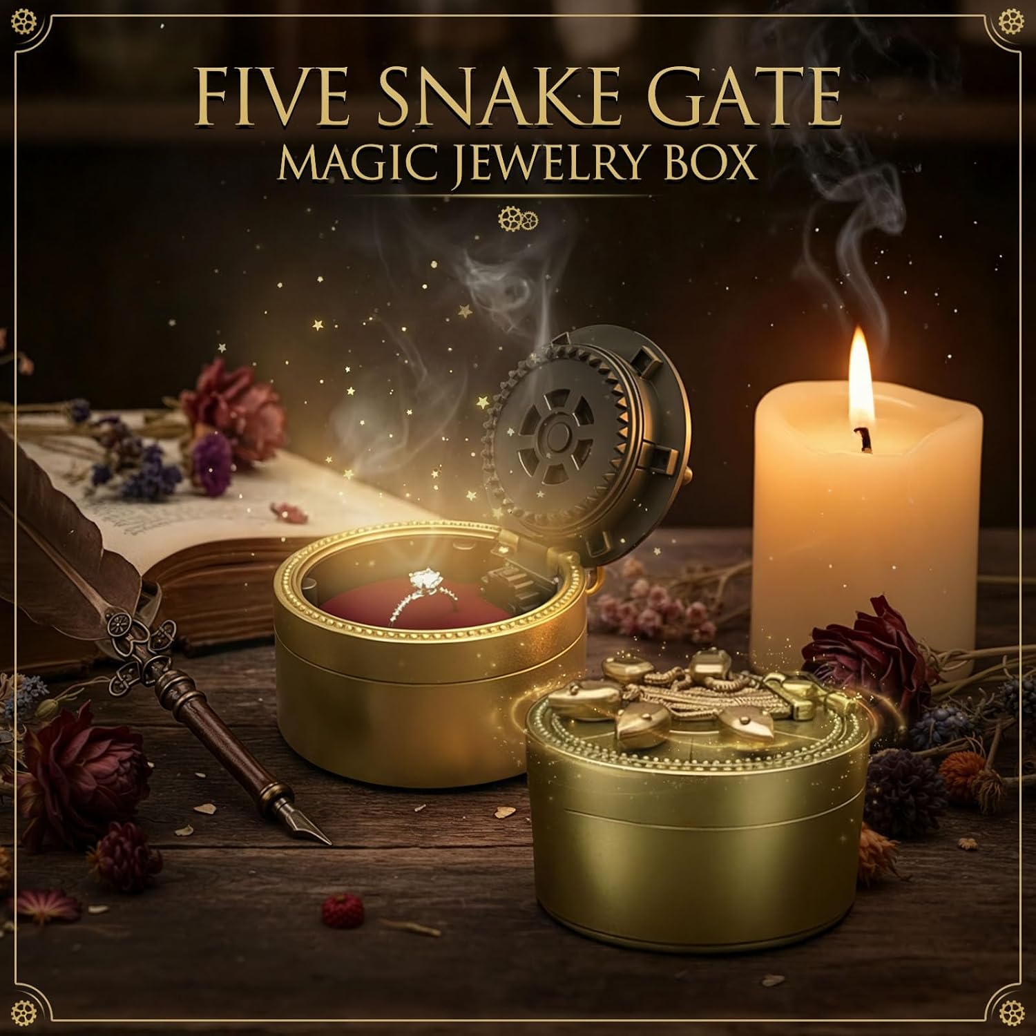 Valentine’s Day Gift Five Serpent Gate Magic Ring Box Jewelry Box with Ring Mechanical Small Ring Case for Movie Collectors for Party Decoration Birthday Christmas Gifts Gold - Image 4