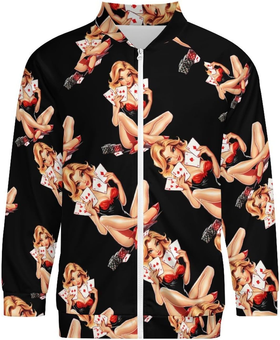 Aces Playing Cards Pinup Girl Men's Zip Up Sweatshirt Casual Sweater Jackets Long Sleeve Tops Lightweight Coat