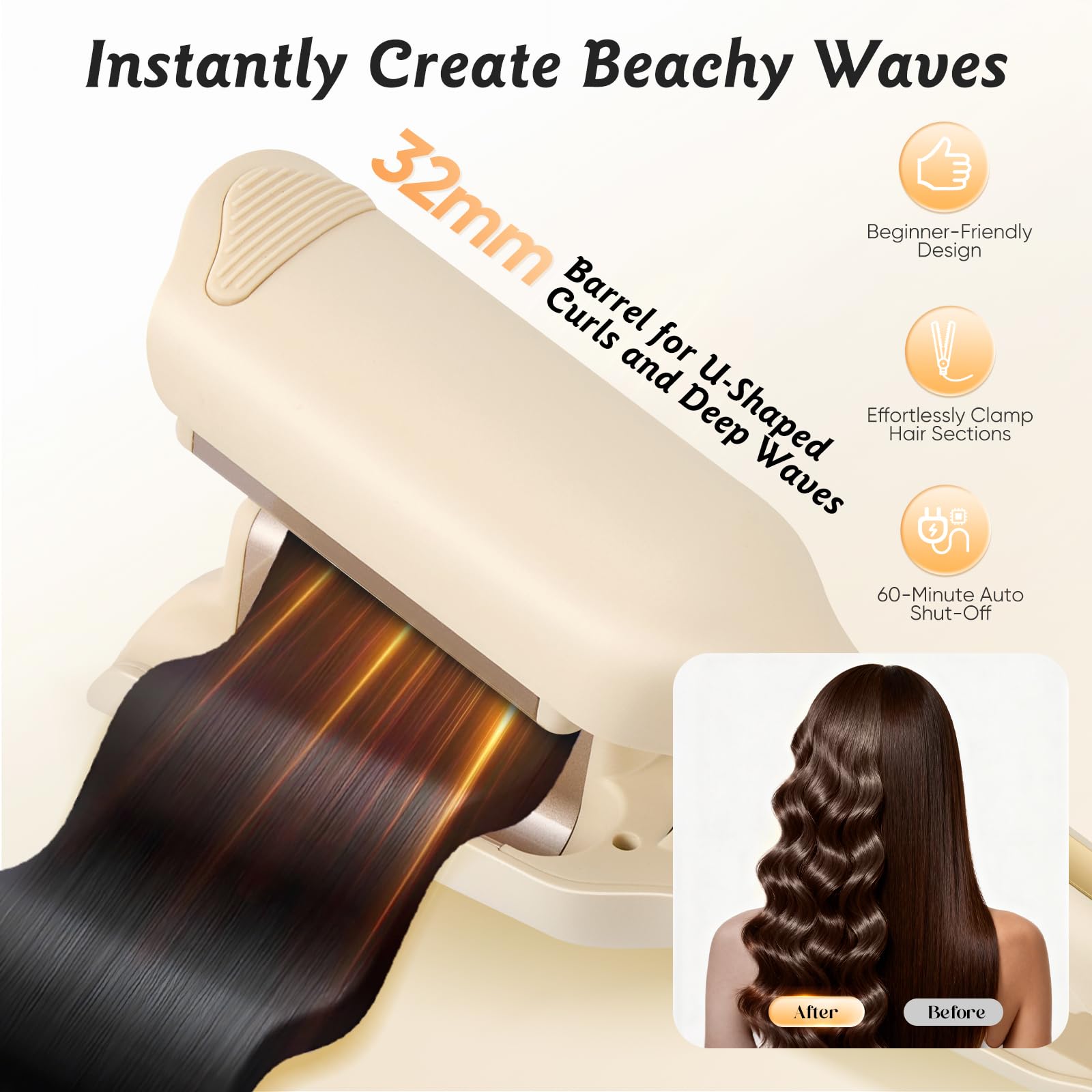 Plancha onduladora para el cabello con grandes ondas de 32 mm, 3 temperaturas ajustables, calentamiento rápido, pantalla LCD, protección contra el calor, temporizador integrado y apagado automático