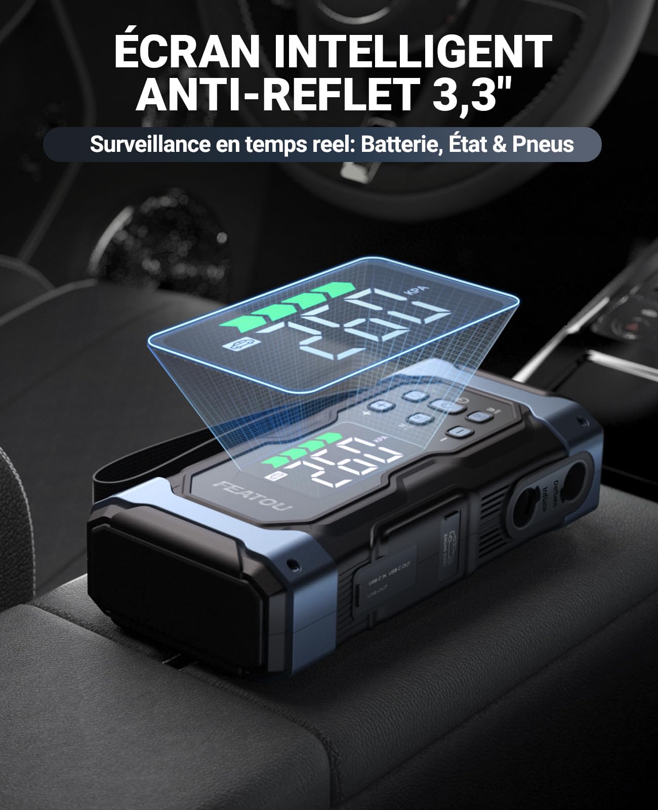 7000A Booster Batterie Voiture avec Gonfleur, Chargeur Demarreur Booster de Batterie Voiture Tous Essence et 12L Diesel, Charge Rapide 30 W, Portable Démarreur d'halloween avec 12V Compresseur