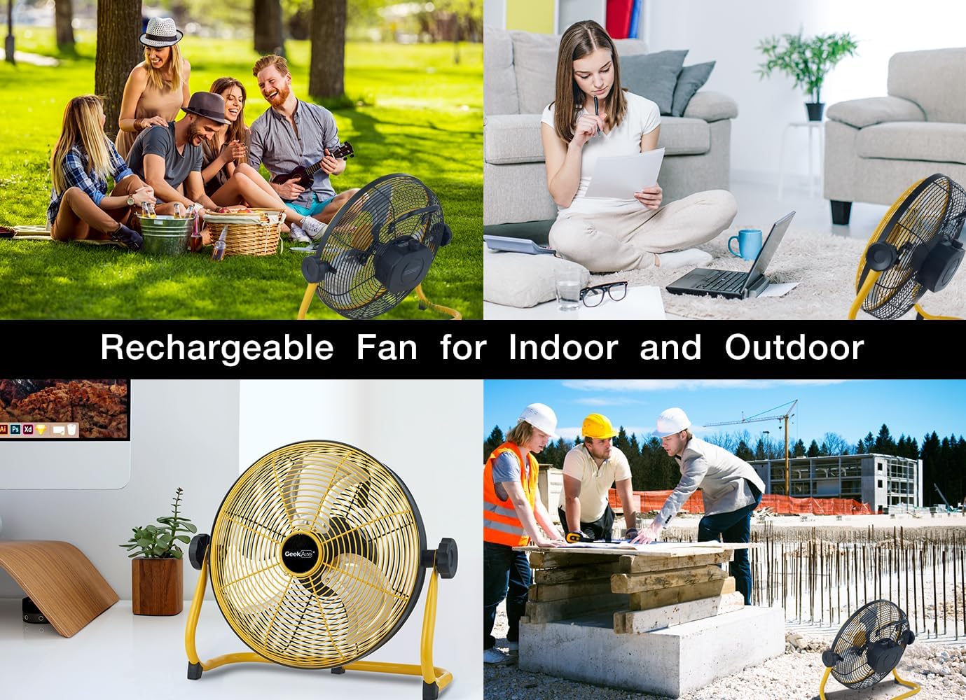 Geek Aire 12" Portable Battery Operated Fan with Metal Blade, 360 Vertical Tilt, 24h Run Time Cordless Fan for Camping Travel Tent Hurricane Home