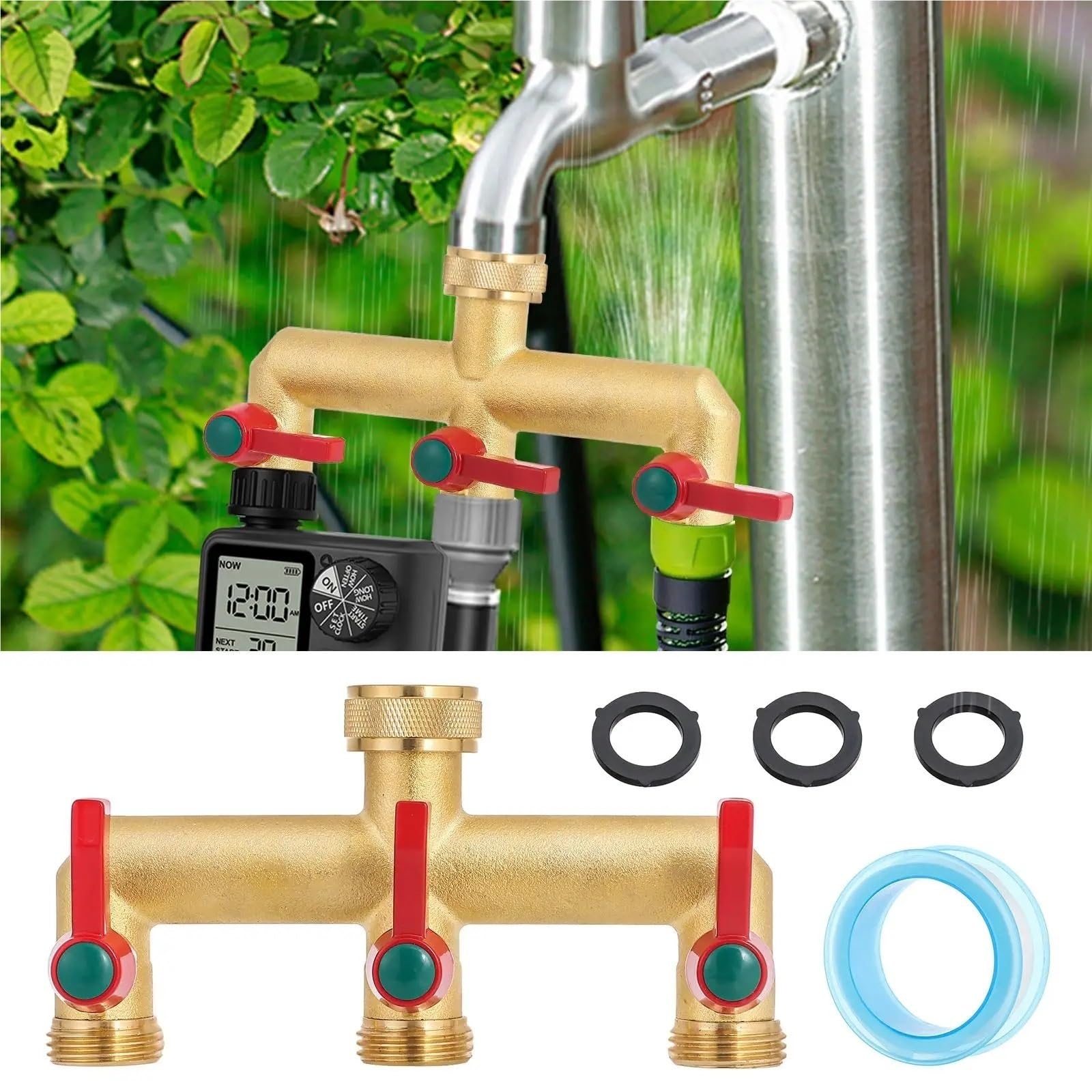 Maniglia di prolunga for Splitter for Tubo da Giardino in Ottone Inossidabile 304 con valvola a Y, Filettatura 3/4 GHT per Irrigazione Giardino(Gold-3 Way)