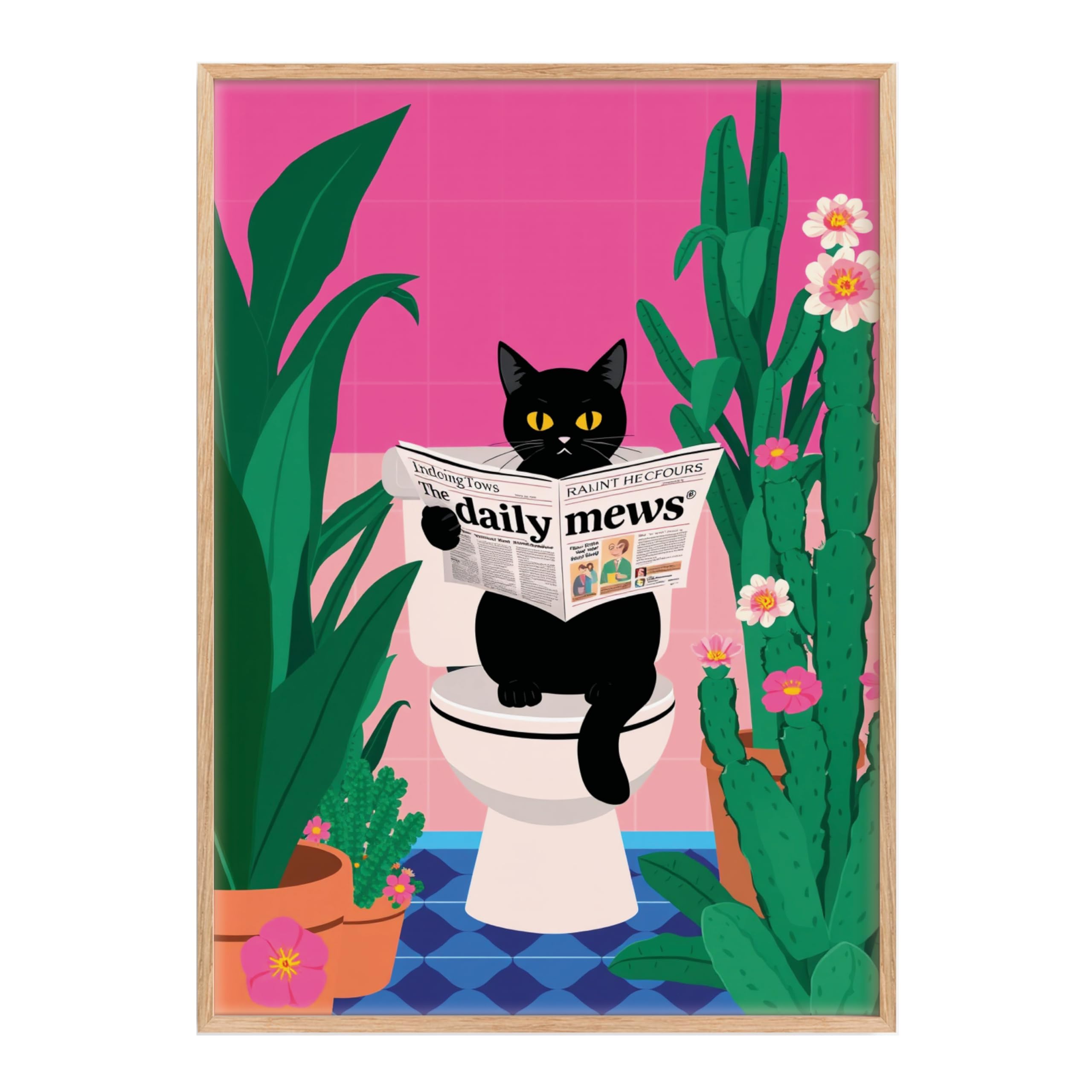 Made by Mika Ltd Black Cat Reading Newspaper on toilet, maximalist hot pink aesthetic, floral cactus and succulents, funny wall art (Cat Toilet, A3-297x420mm, Oak MDF Frame)