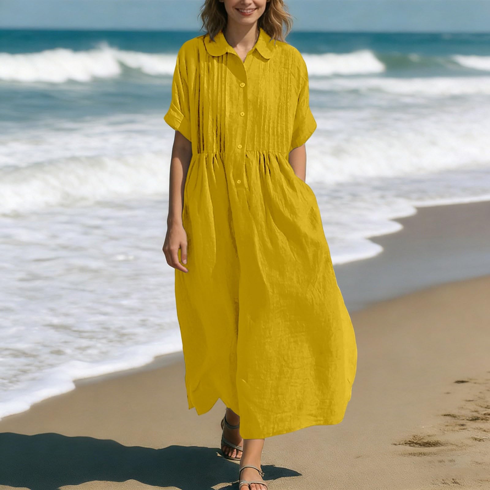 Vestido de verano para mujer, largo, cuello vuelto, elegante, vestido de playa, vestido de verano, vestido camisero con botones, vestido maxi de manga corta, vestido de verano para mujer, ligero y