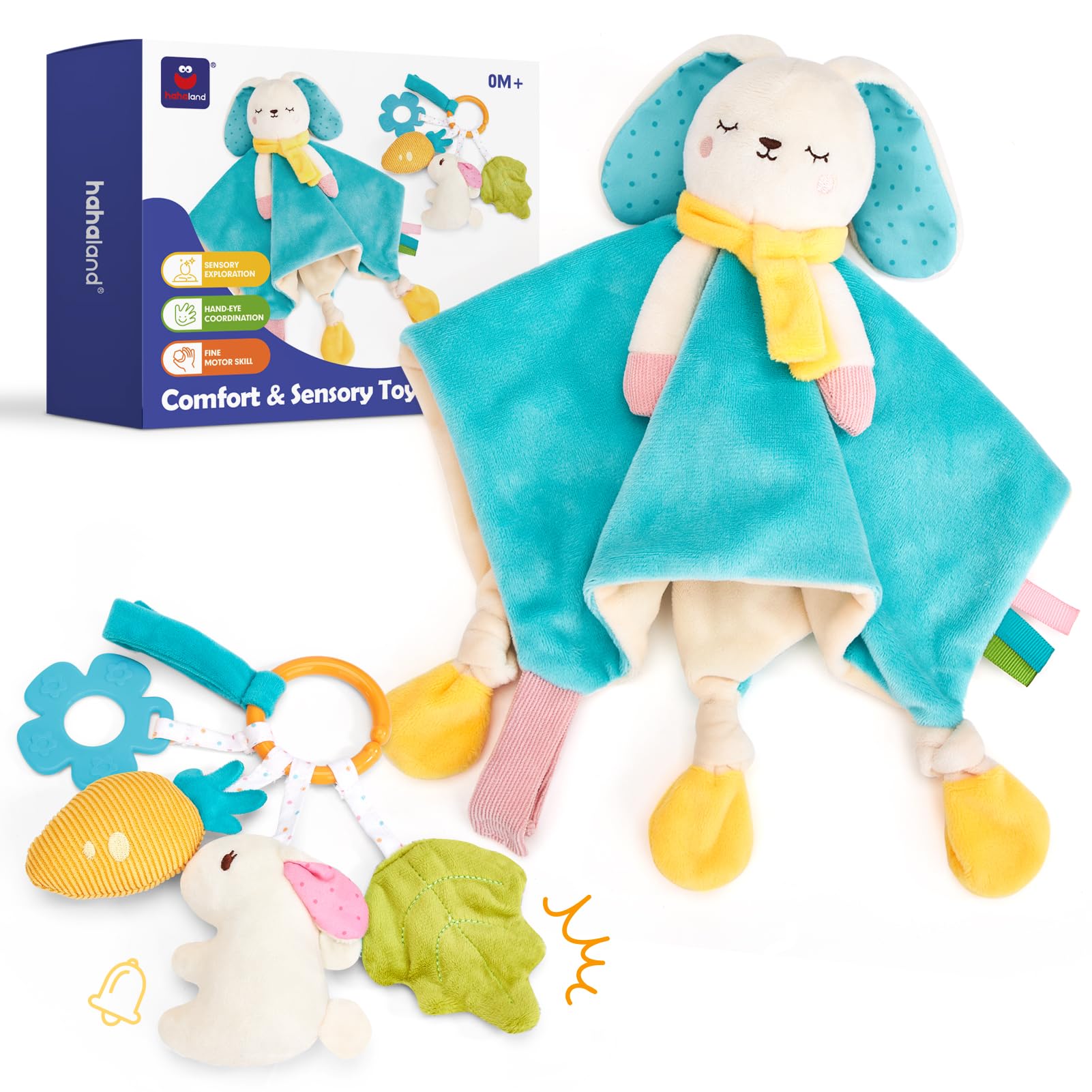 hahaland Sensory Toys for Babies 0-6 Months, Baby Comforter Set including Rattle & Teething Toy, Plush Bunny Soother Blanket