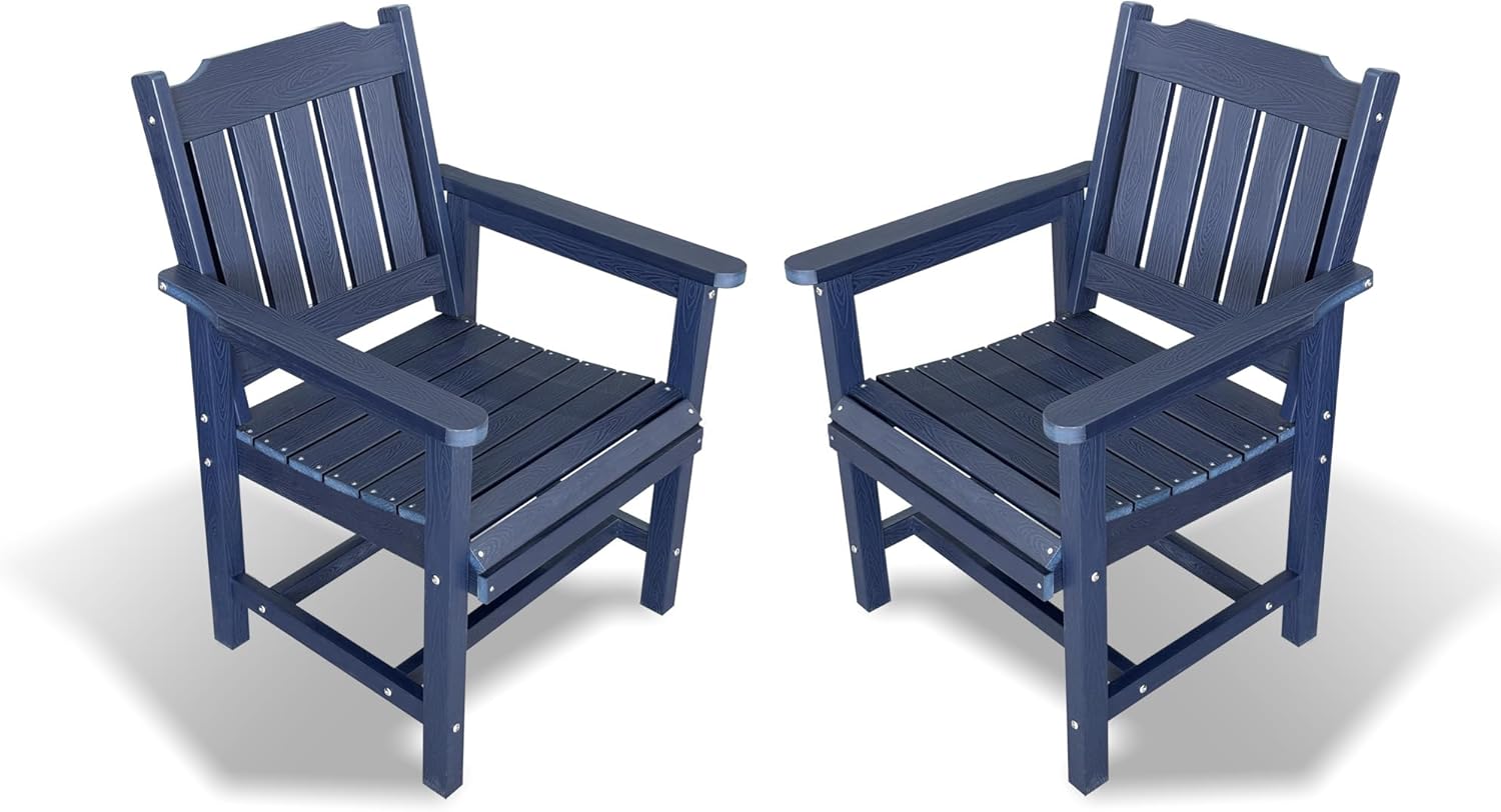 Poly Lumber Patio Dining Chair Set of Two, HIPS Outdoor Dining Chairs, Weather Resistant, Slat Back (2 Piece, Navy Blue)