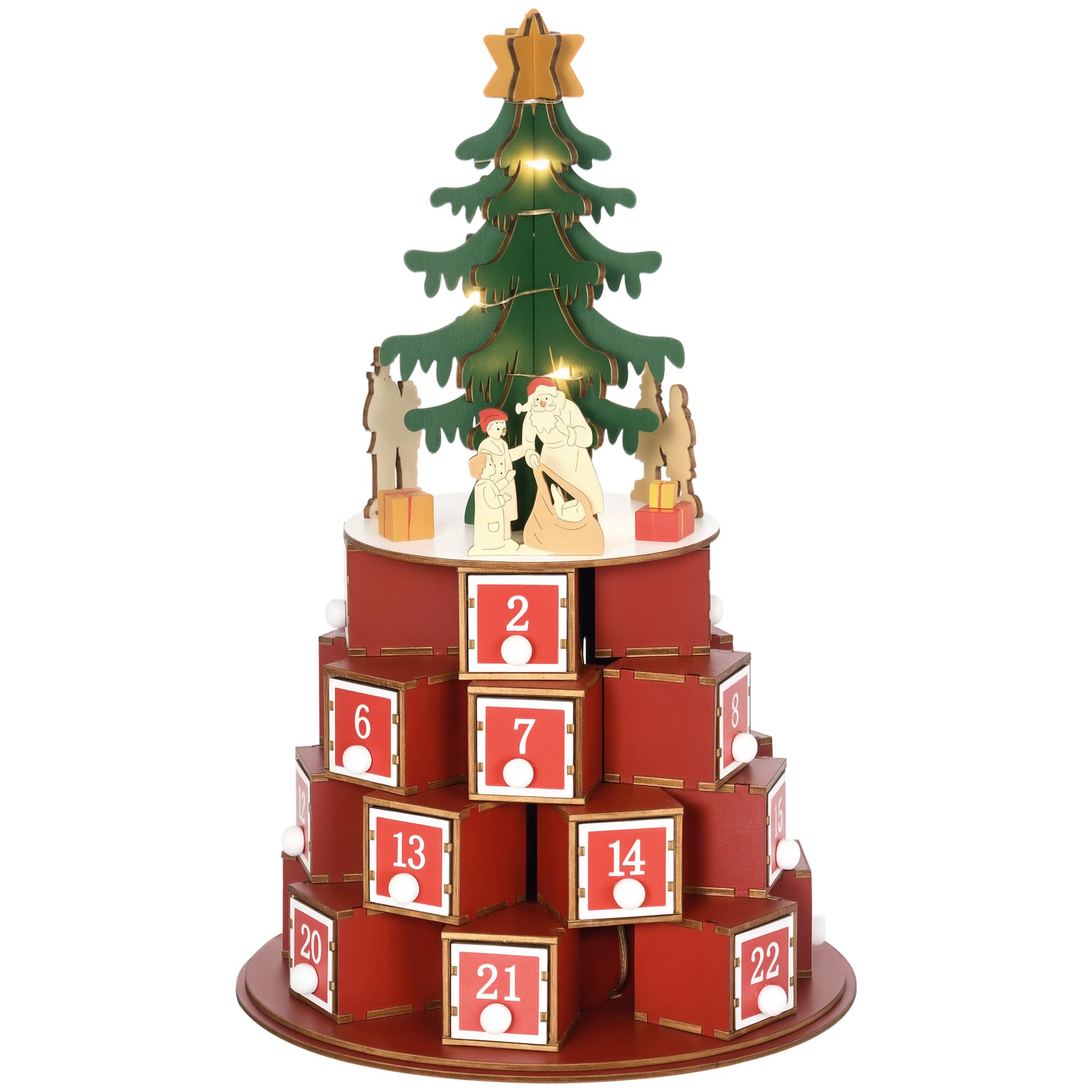 HOMCOM Calendario Avvento di Natale a Cono con 10 Luci a LED, Calendario dell'Avvento in Legno con Motivi a Tema, 22x22x35 cm, Rosso Verde e Giallo