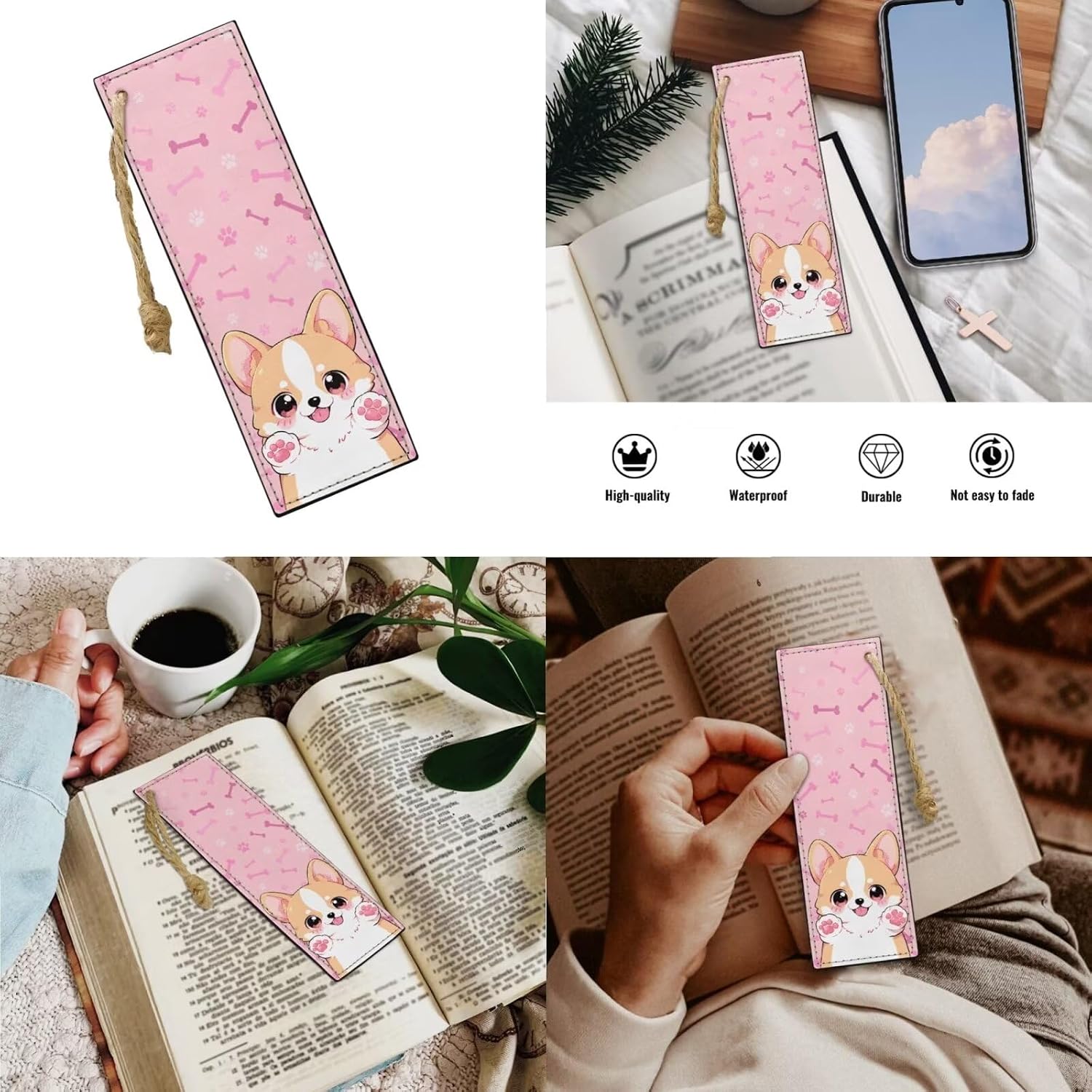 Cute Corgi Dog Backpack for Girls Pink Bone Paw Print School Backpack with Lunch Box Pencil Case and Bookmarks Kids Bookbag Daypack Novelty School Bags for Elementary Middle School