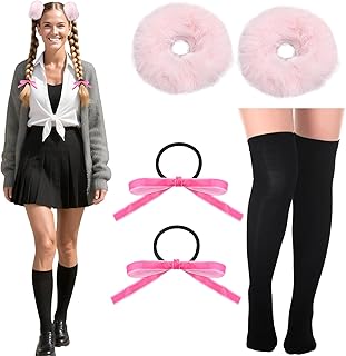 5 Pcs Halloween Pop Singer Costume Set Include Pink Furry Hair Scrunchies Bow Hair Tie Thigh High Sock Singer Cosplay Accessories for Women Halloween Cosplay Party Supplies