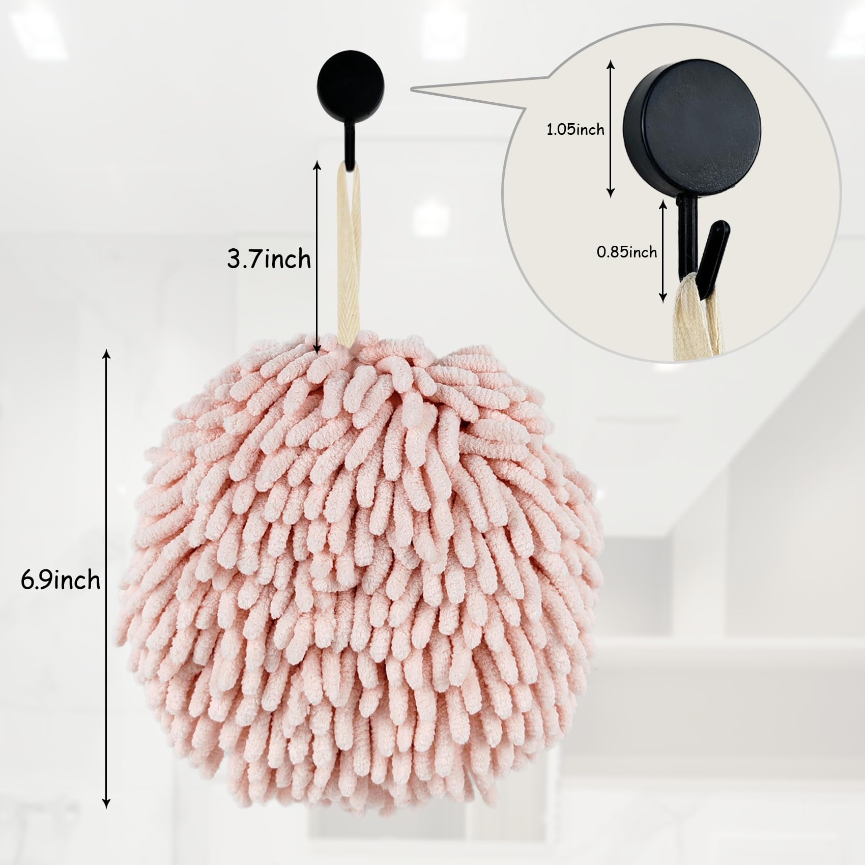 Fuzzy Ball Hand Towels, Set of 2, Chenille Quick Dry, 6.9inch (pink), large size - Image 2