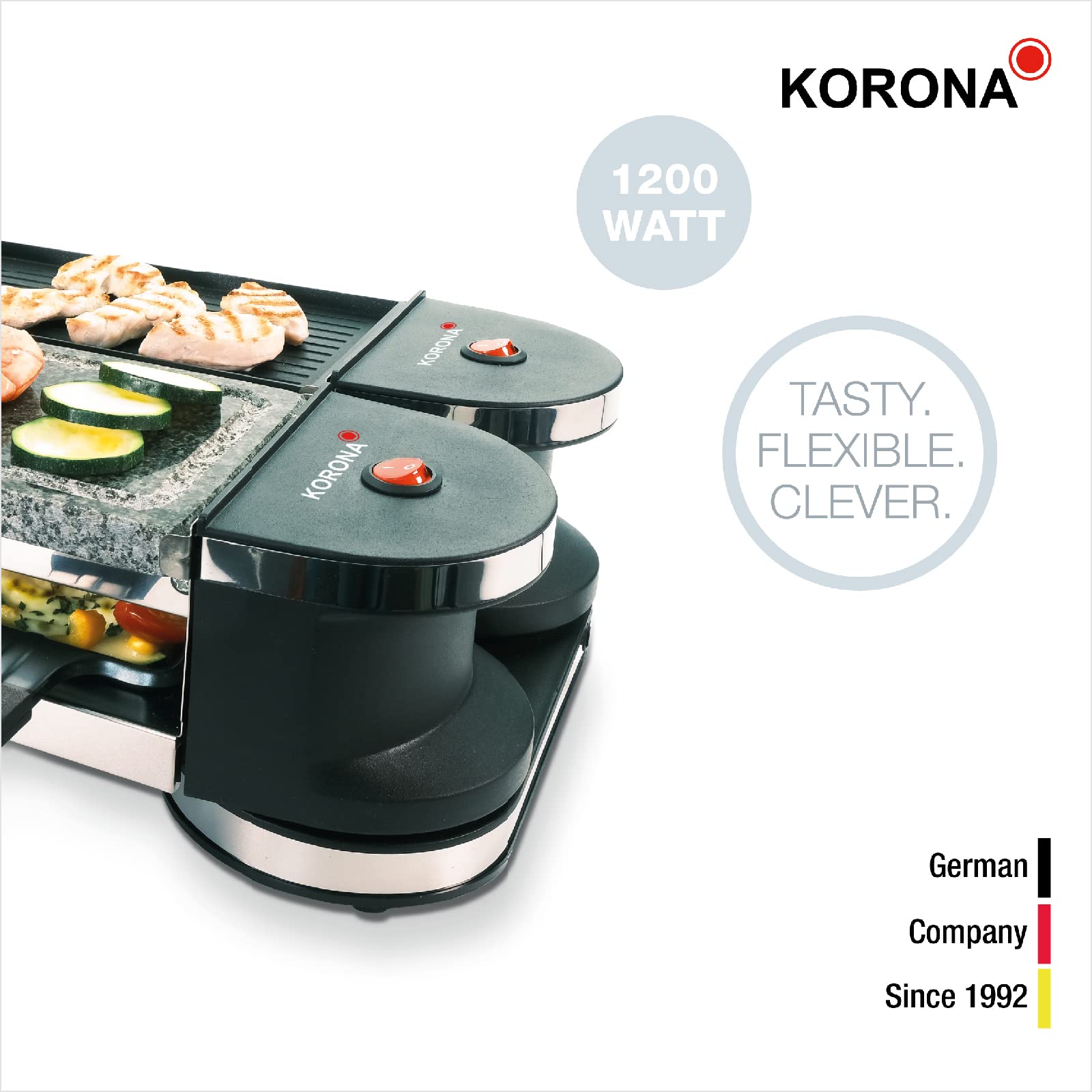 Korona 45071 Drehbares Raclette | Raclette für 8 Personen | Antihaft-Grillplatte | Naturstein | Extra langes Kabel | Inkl. Zubehör, Schwarz