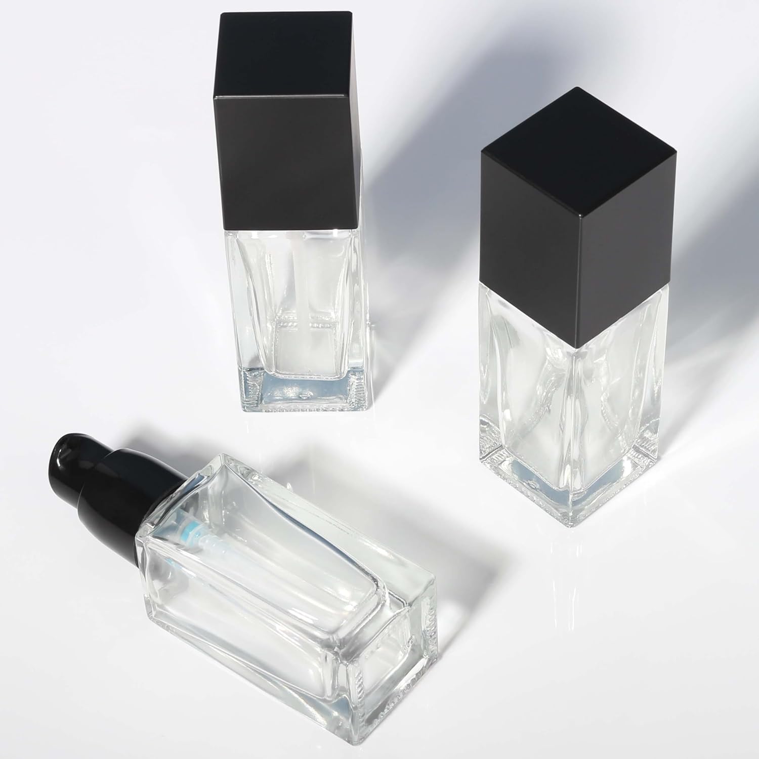 COSIDEA 6pcs Empty 1oz / 30ml Empty Square glass bottle with lotion pump dispenser, refillable Liquid lotion cream bottles with black lid